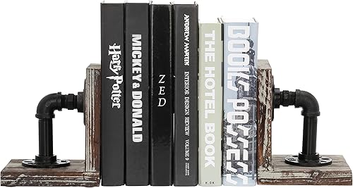 Miniatura 2 de MyGift Sujetalibros decorativos, extremos de libro de oficina para estante, soporte para libros en forma de L, madera maciza con diseño de tubo