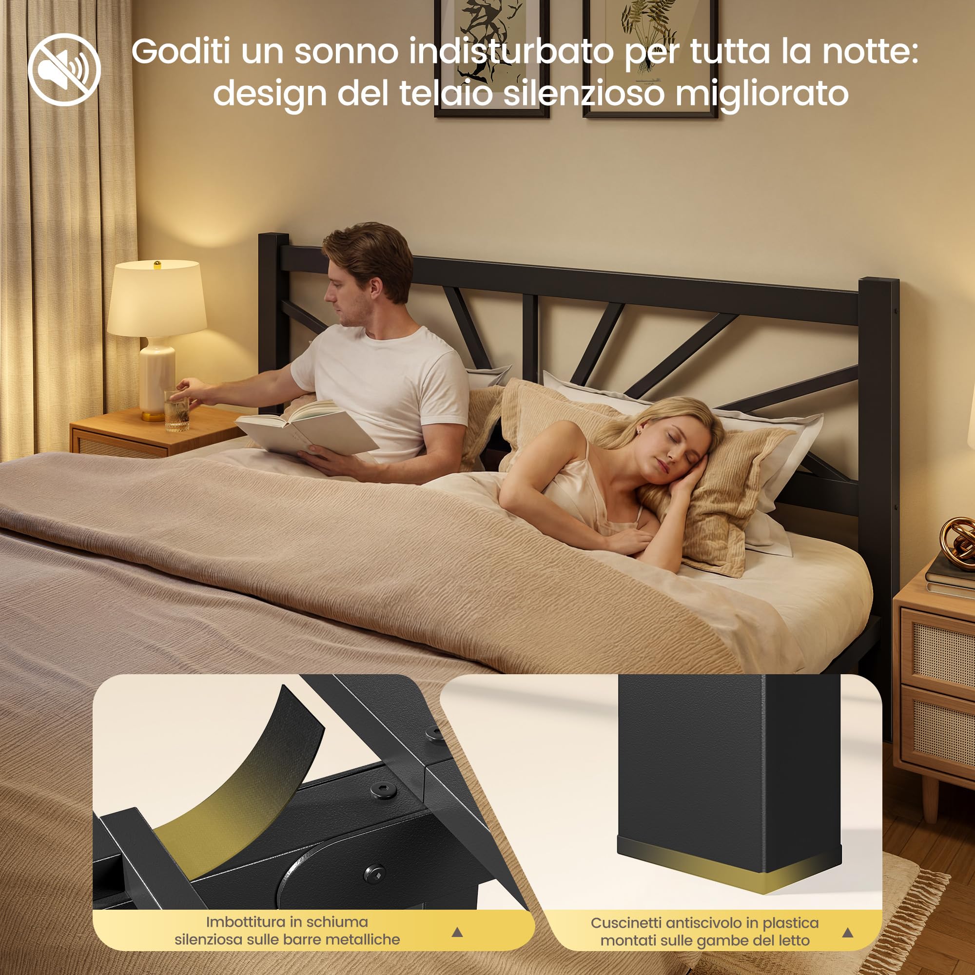 Letto in metallo 160x200 cm con rete a doghe, rete metallica, portata 400 kg, testiera 100 ​​cm, spazio contenitore sotto il letto, non necessita di materasso a molle, moderno nero