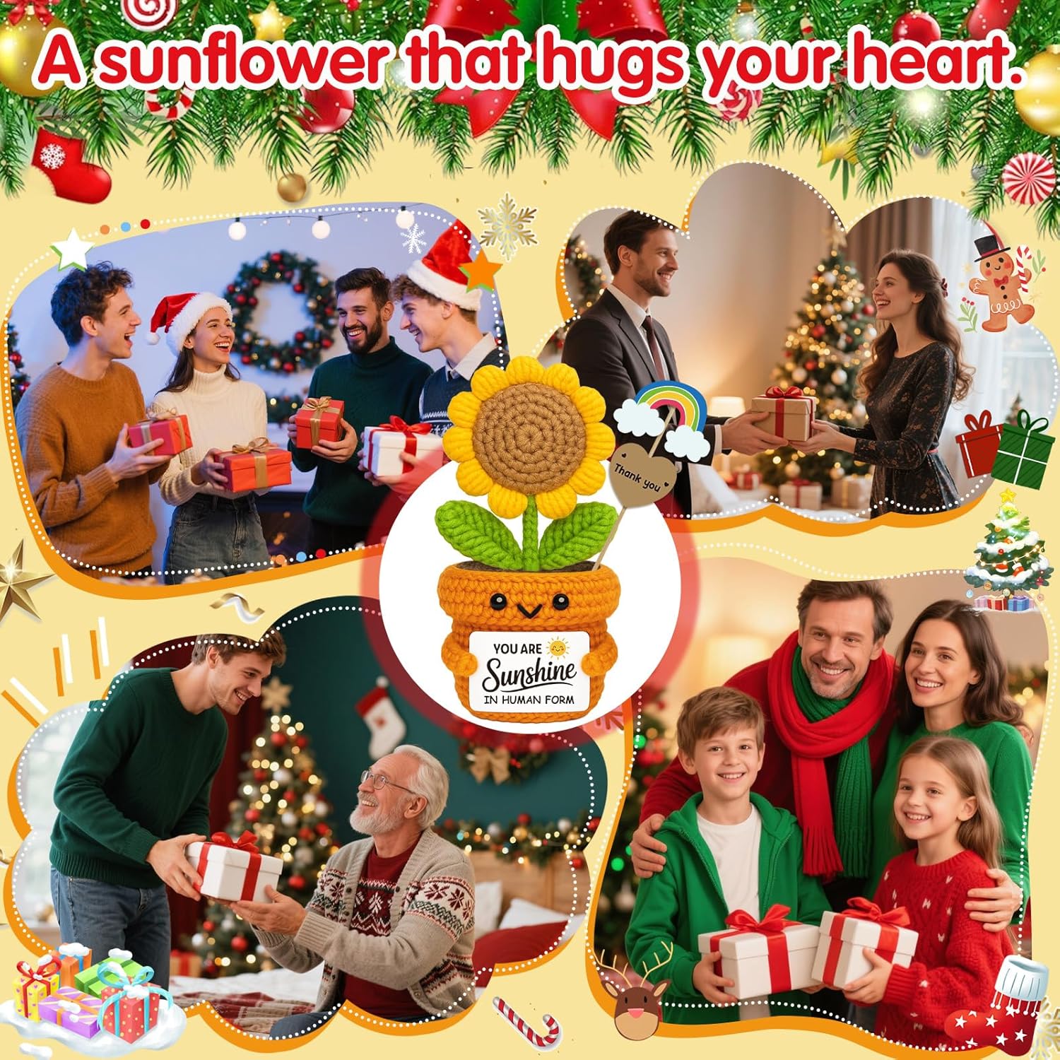 Positive Mini Crochet Sunflower Christmas Desk Decor – You Are Sunshine – Appreciation Gift for Coworker, Teacher, Friend, Employee – Encouragement Plush for Office, Birthday, Thanksgiving - Image 6