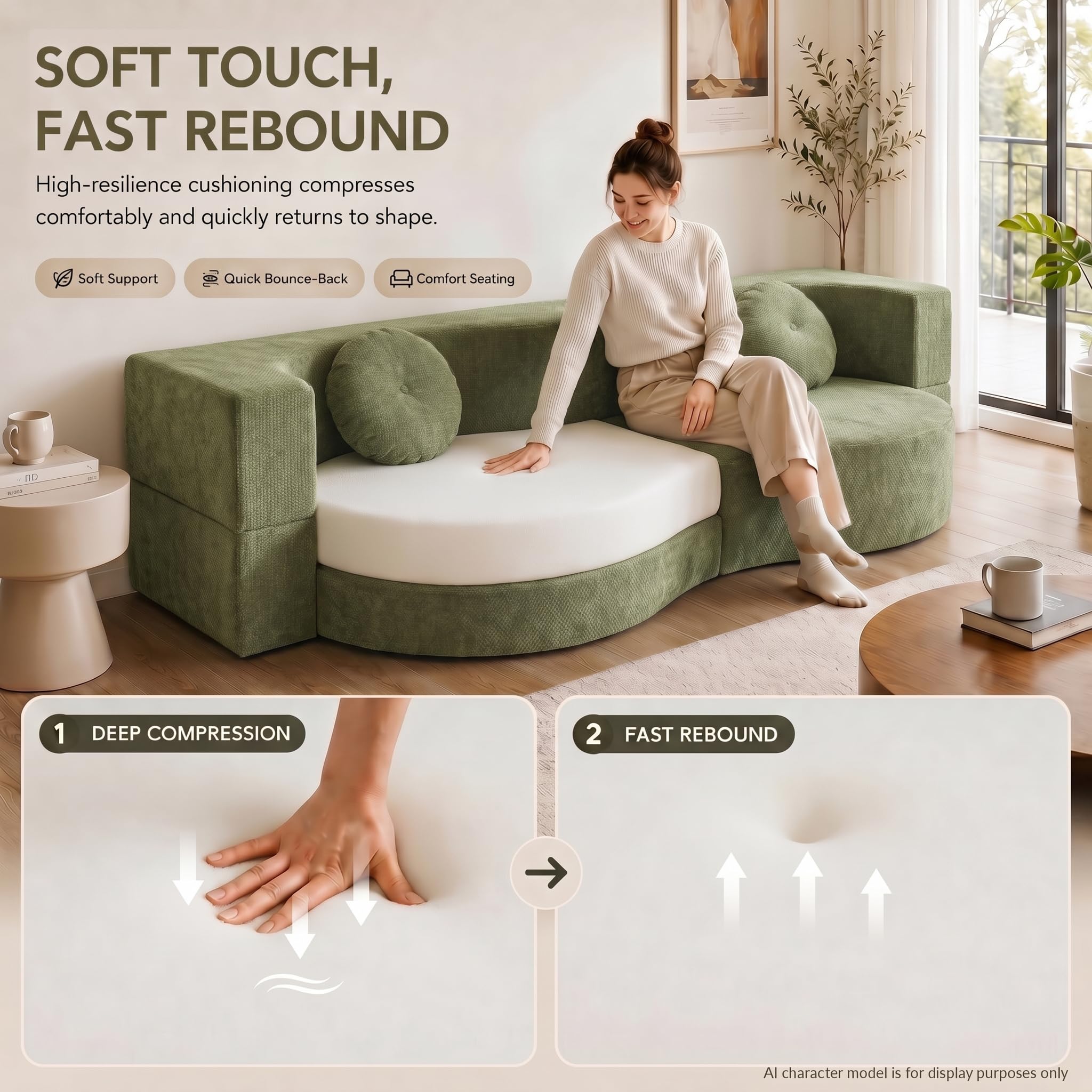 Divano Letto Pieghevole 2 in 1, Divano con Funzione Letto Senza Struttura Rigida, Sofa Bed con 2 Cuscini, Letto Ospiti Pieghevole per Soggiorno, Camera da Letto e Ufficio,Verde(200 x 50 x 64 cm)