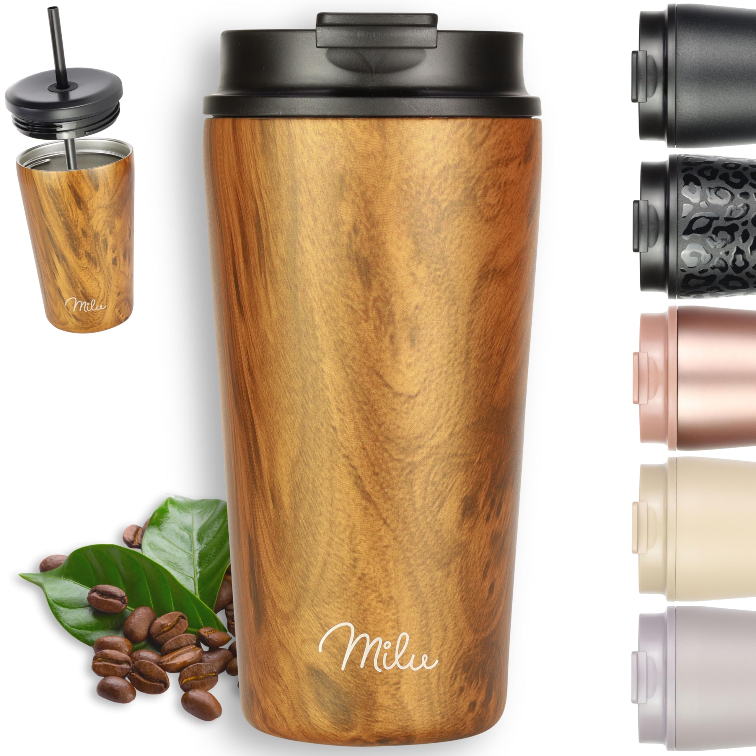 Milu Thermobecher 500ml - 100% Auslaufsicher - Edelstahl Kaffeebecher to go isoliert mit Strohhalm hält 10h heiß / 20h kalt, BPA-frei (Holzoptik, 500ml)