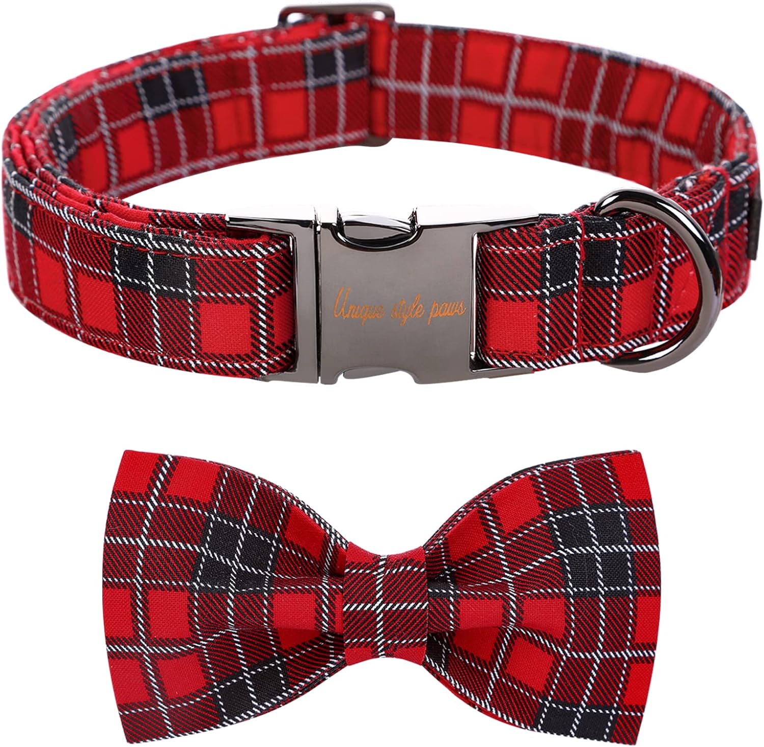 Unique style paws Bowtie Dog Collar Cotton Plaid Collar Adjustable Puppy Collar for Small Medium Large Dogs-L
