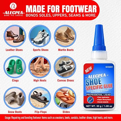 ALECPEA Shoe Glue for Sole Repair, Thin Clear Adhesive, 30g with 3 Tips