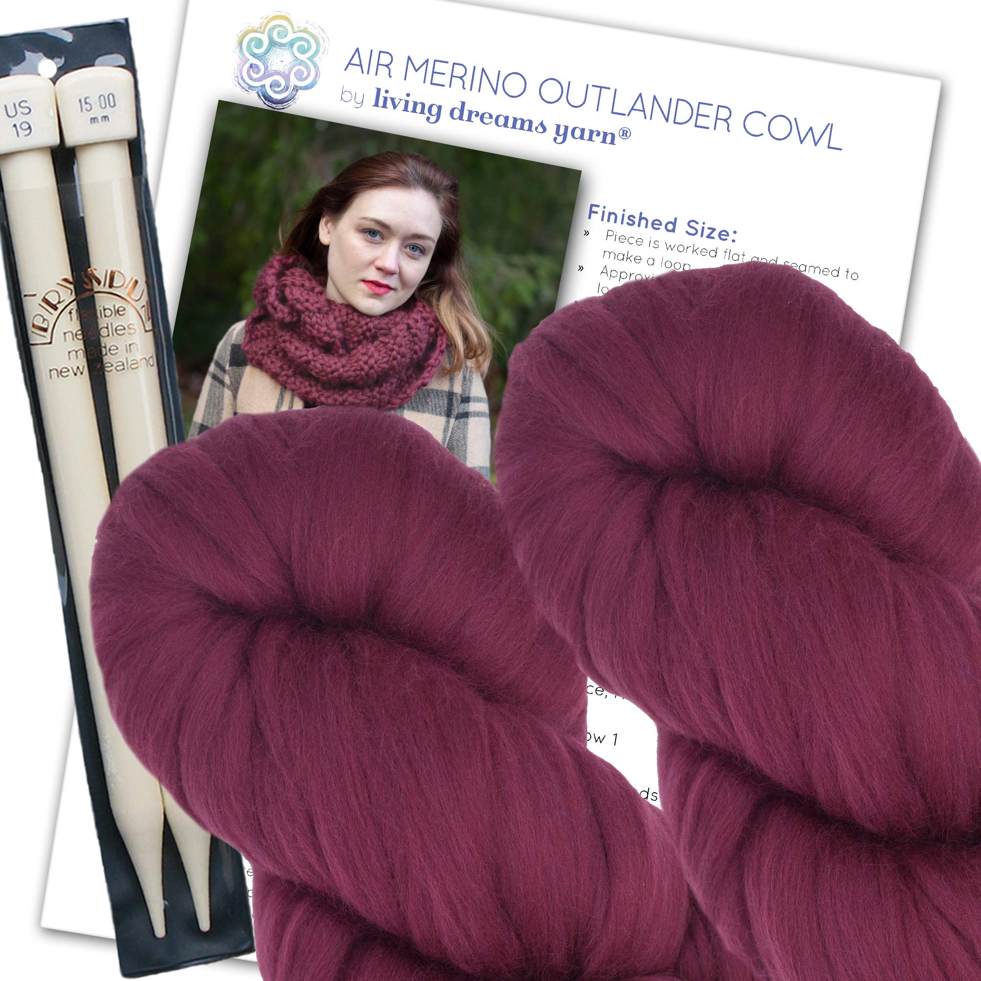 Living Dreams Yarn Air Merino Outlander Cowl KNIT KIT includes super soft thick Air Merino yarn, big needles and written pattern. Color: WINE