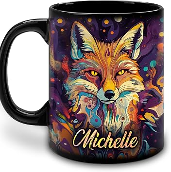 Hyturtle Personalized Unique Fox Mug - Colorful Fox Gifts For Women - Fox Gifts For Fox Lovers - Wild Animal Gifts On Birthday Christmas - Foxes Gifts - Custom Name Coffee Cup Ceramic Mug 11oz 15oz