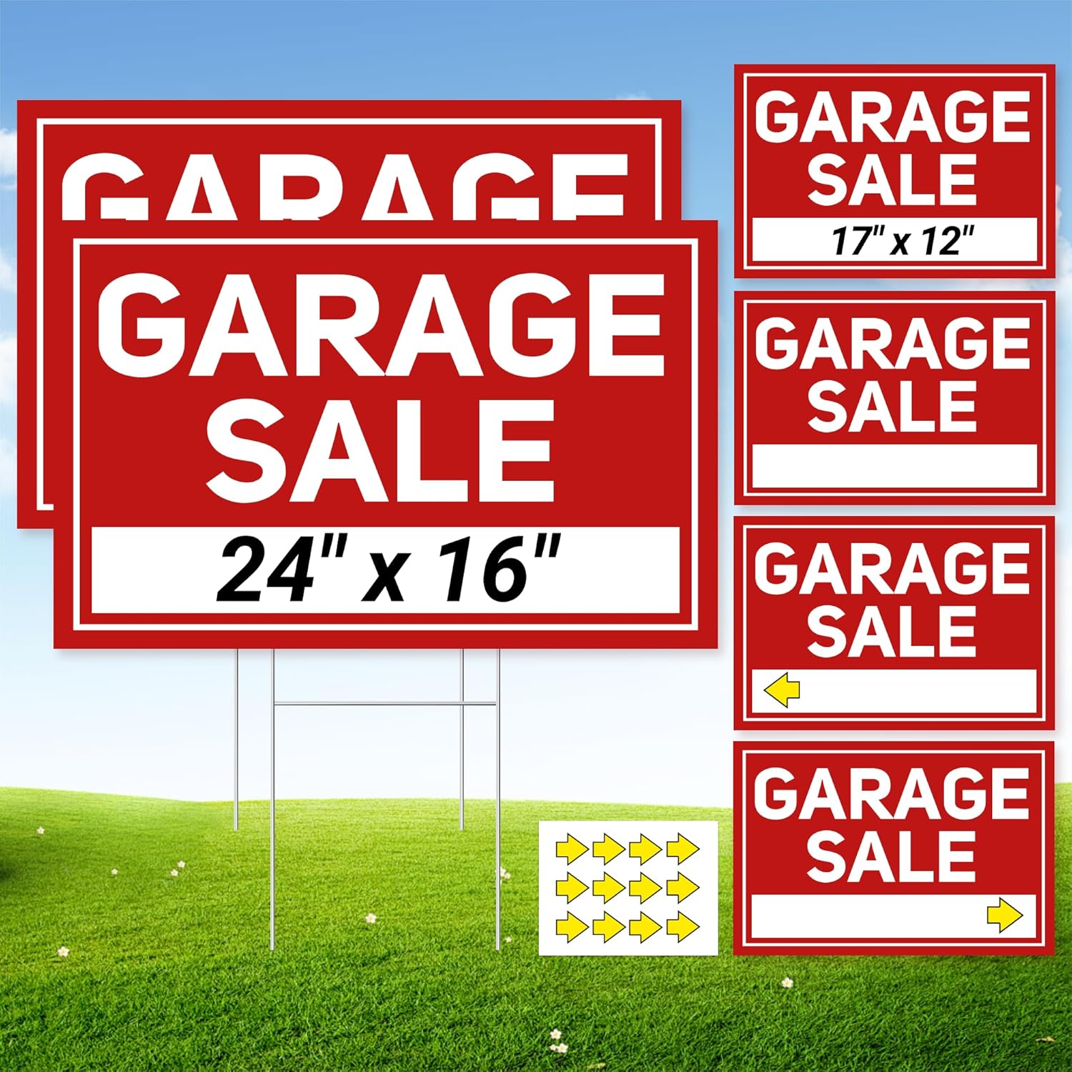 6 Pcs Garage Sale Signs with Stakes, 2 Foldable Extra-Large Garage Sale Signs 24" x 16" and 4 Yard Sign 17" x 12", Metal Stakes and Double Sided Waterproof Design for Garage Supplies