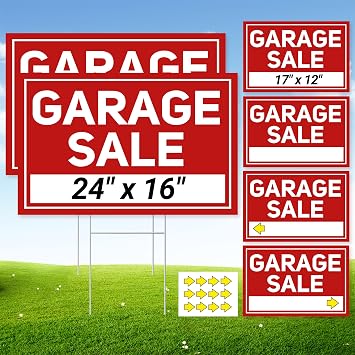 6 Pcs Garage Sale Signs with Stakes, 2 Foldable Extra-Large Garage Sale Signs 24" x 16" and 4 Yard Sign 17" x 12", Metal Stakes and Double Sided Waterproof Design for Garage Supplies