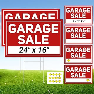 6 Pcs Garage Sale Signs with Stakes, 2 Foldable Extra-Large Garage Sale Signs 24" x 16" and 4 Yard Sign 17" x 12", Metal Stakes and Double Sided Waterproof Design for Garage Supplies