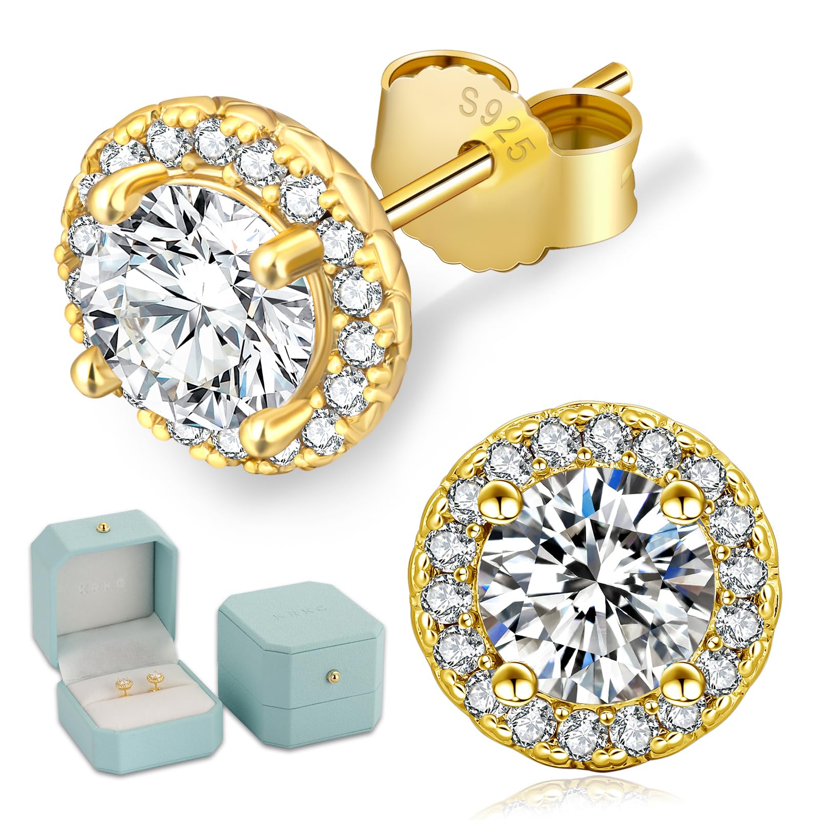 KRKC Moissanite Earrings, Lab Created Diamond Stud Earrings For Women Men, 14K Golden-Plated, 925 Sterling Silver Earrings, D Color VVS1, Valentines