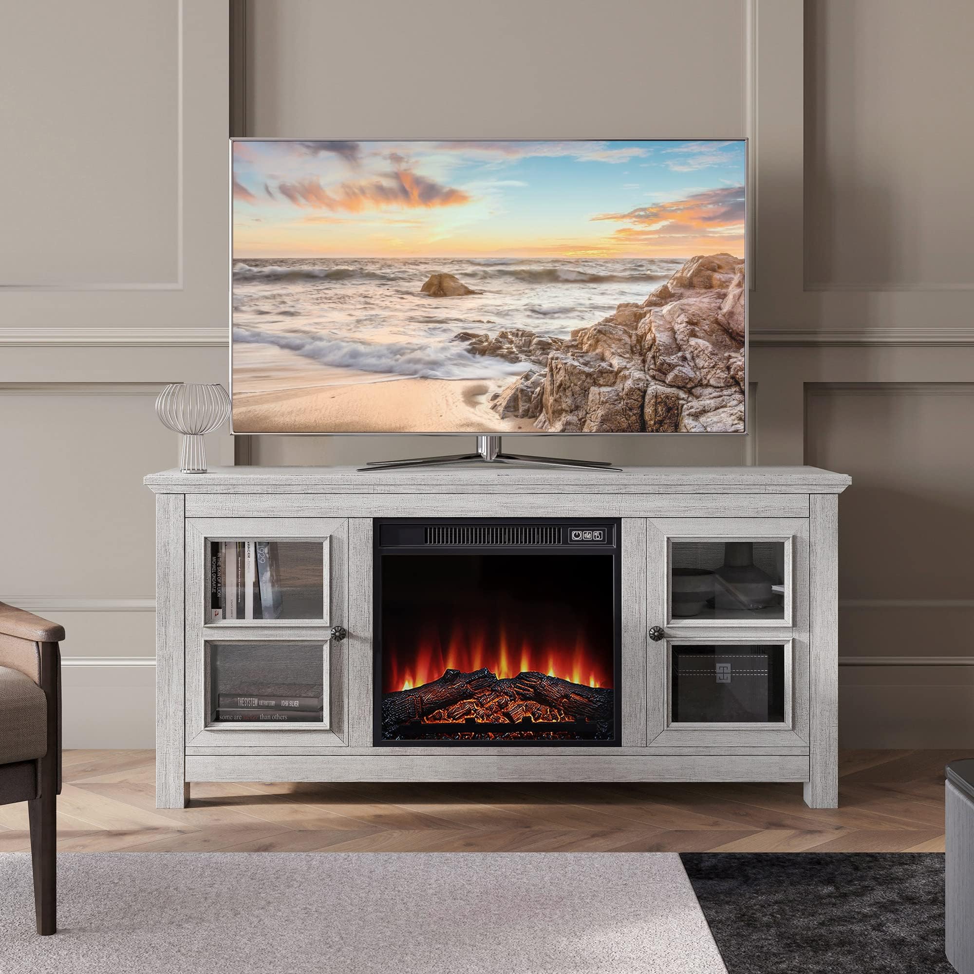 BELLEZE Modern 50" Farmhouse TV Stand with 18" Electric Fireplace Heater & Media Entertainment Center Console Table for TV up to 55" with Open Storage Shelves & Cabinets - Kenton (Sargent Oak)