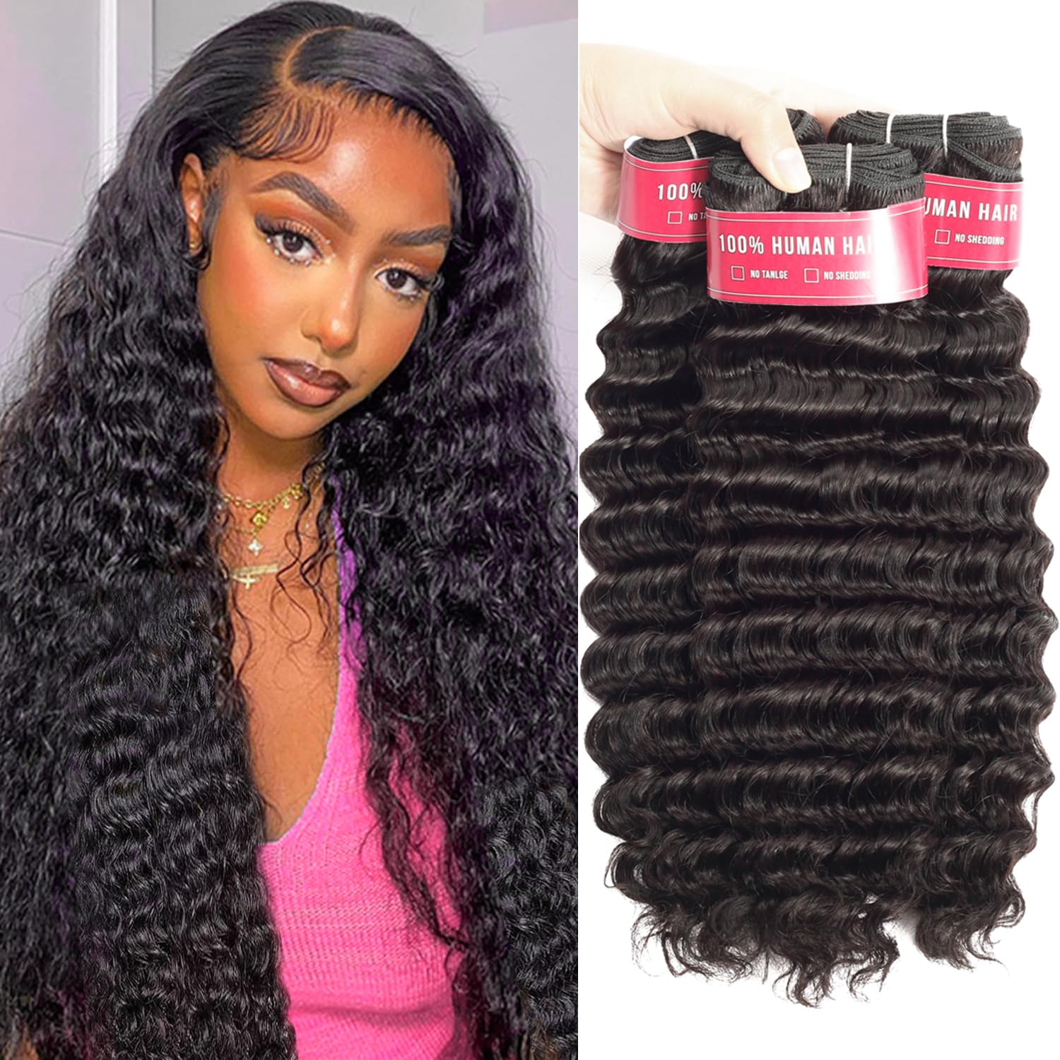 LUXEDIVA Raw Loose Deep Wave Bundles Human Hair 20 22 24 Inch 12A Deep Wave Human Hair Bundles Wet and Wavy Bundles Human Hair Extensions Natural Color