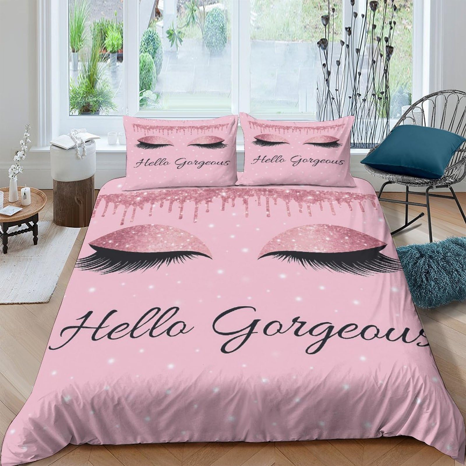 Ctjqhvkz Style-6 3D Printed Pink Eyelash Fitted Sheet Microfiber Soft Breathable Hello Gorgeous Bed Cover For Bedroom Guest Room Decor Single（135X200cm）