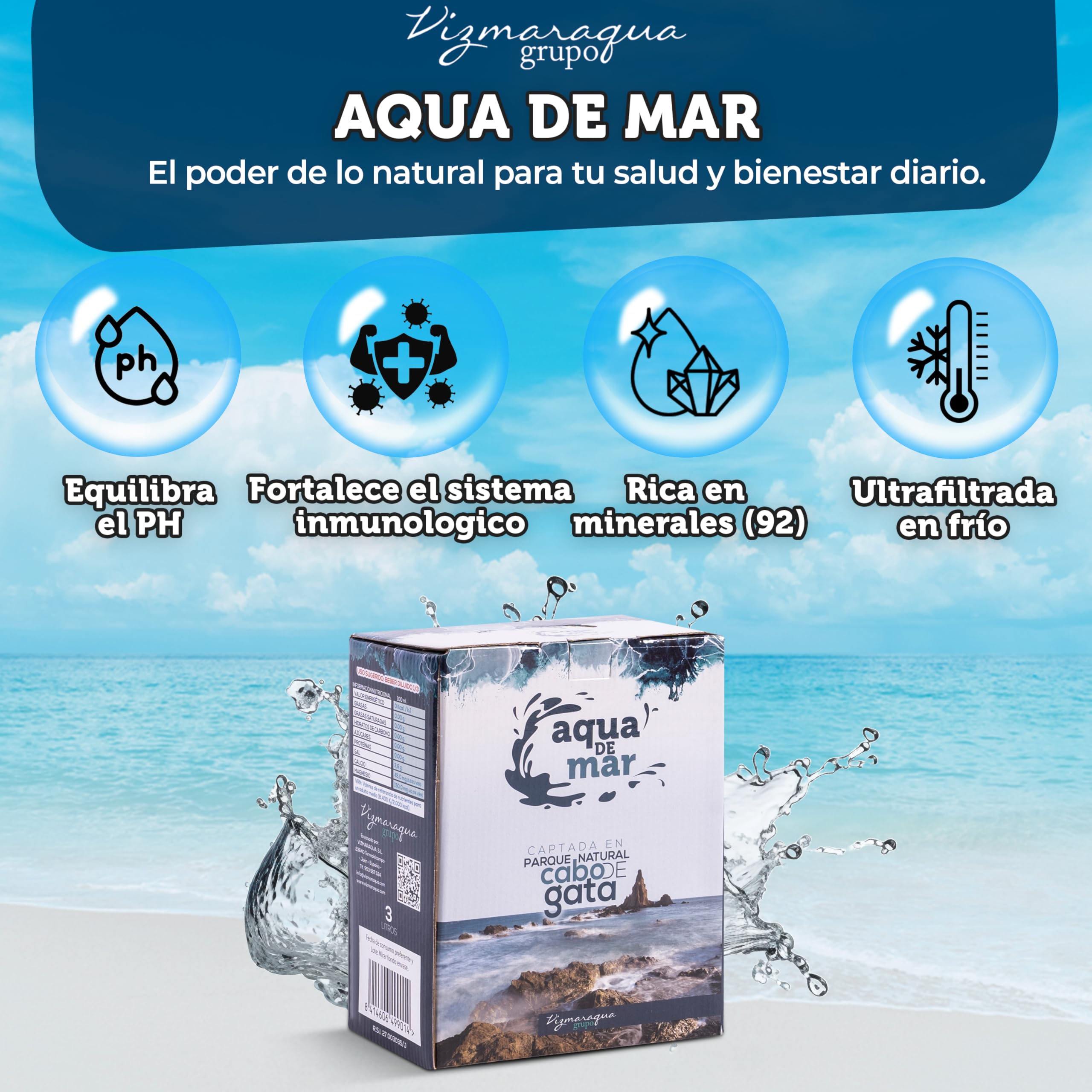 Agua de mar Hipertónica con grifo dispensador - 3L Bag in Box (BiB)-Pack 6 unidades- Para beber-Captada en Parque Natural Cabo de Gata Almeria