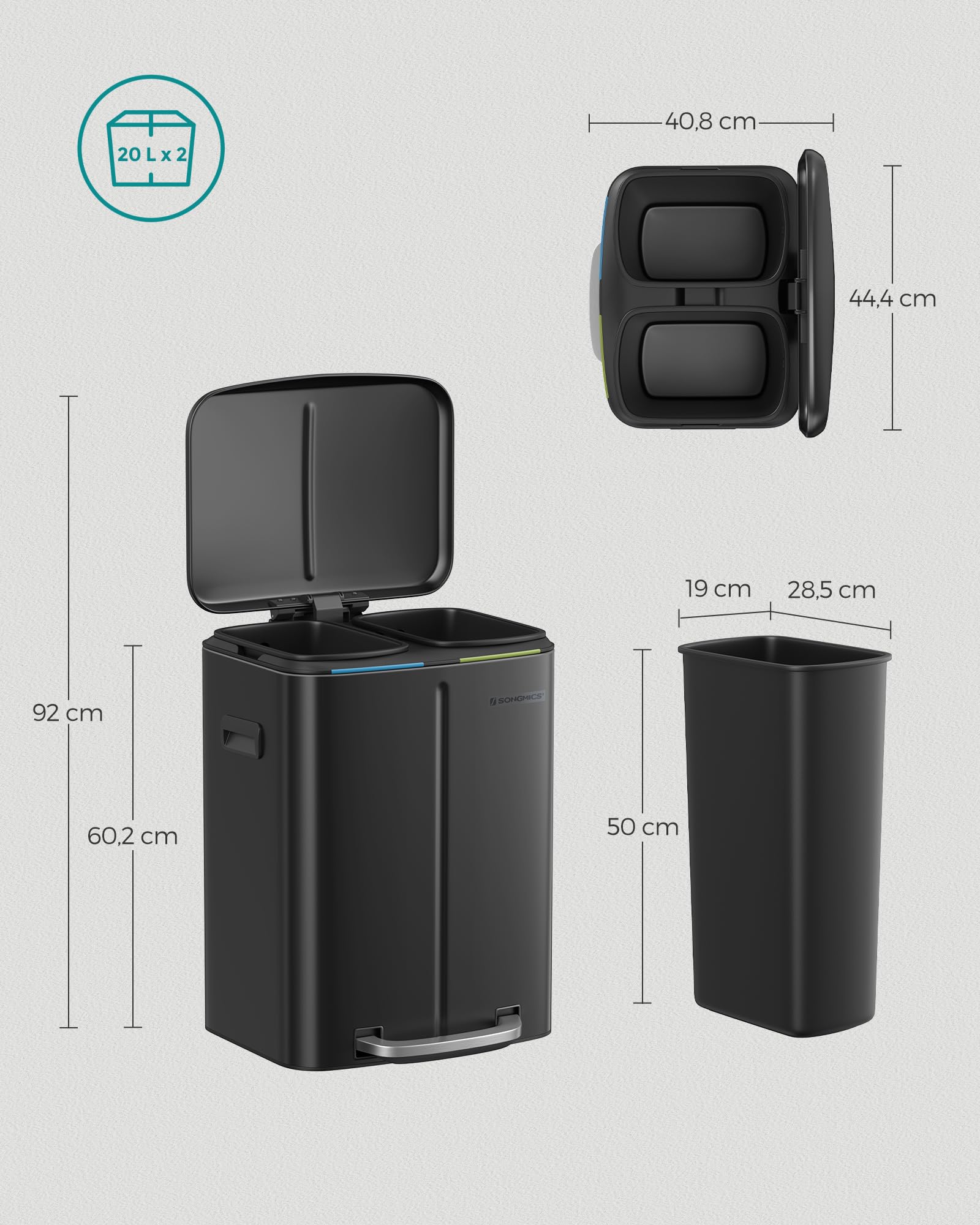 SONGMICS Mülleimer Küche, 2 x 20 L, Mülltrennsystem 2 Fächer, Abfalleimer Metall, Treteimer, Inneneimer aus Kunststoff, Softclose-Deckel, mit Griffen, geruchsdicht, schwarz LTB40B02