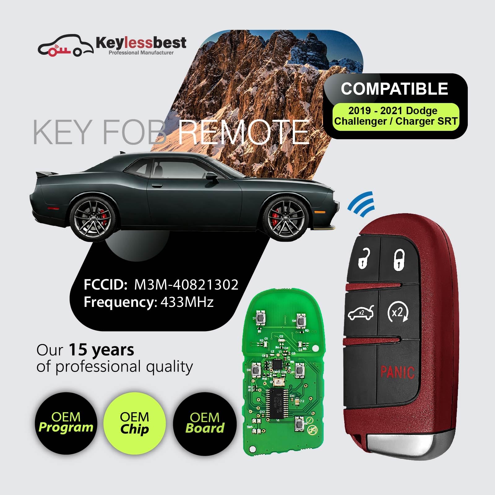 Telecomando per chiave auto M3M-40821302 433 MHz 5 pulsanti di ricambio per caricabatterie Dodge Challenger SRT 2019-2021