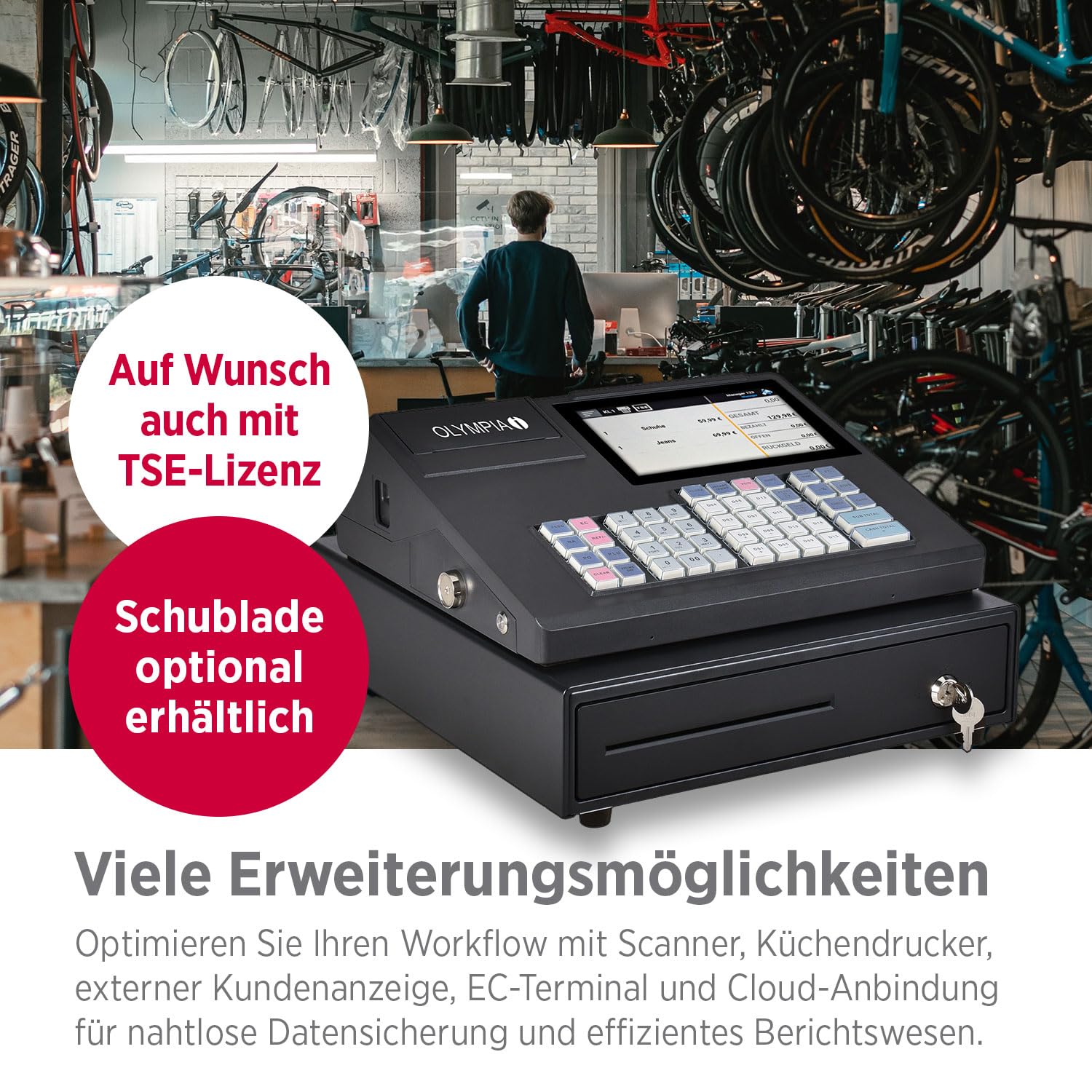 Olympia K200 Registrierkasse Touchdisplay 7 Zoll Android 11 58 mm Thermodrucker Hubtastatur 48 Tasten LED-Anzeige