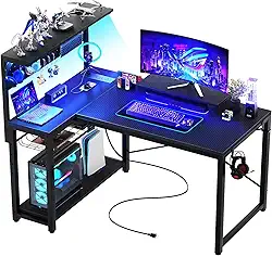 Homieasy - Computador Pequeno para Jogos com Mesa em L de 43 Polegadas, Tomadas Elétricas, Luz LED, Suporte para Monitor e Prateleiras de Armazenamento