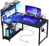 Small Gaming Desk with Power Outlets Pegboard LED Light&comma; 43 Inch L Shaped Computer Desk with Monitor Stand Storage Shelves&comma; Reversible Corner Desk with Headset Hooks&comma; Carbon Fiber Black