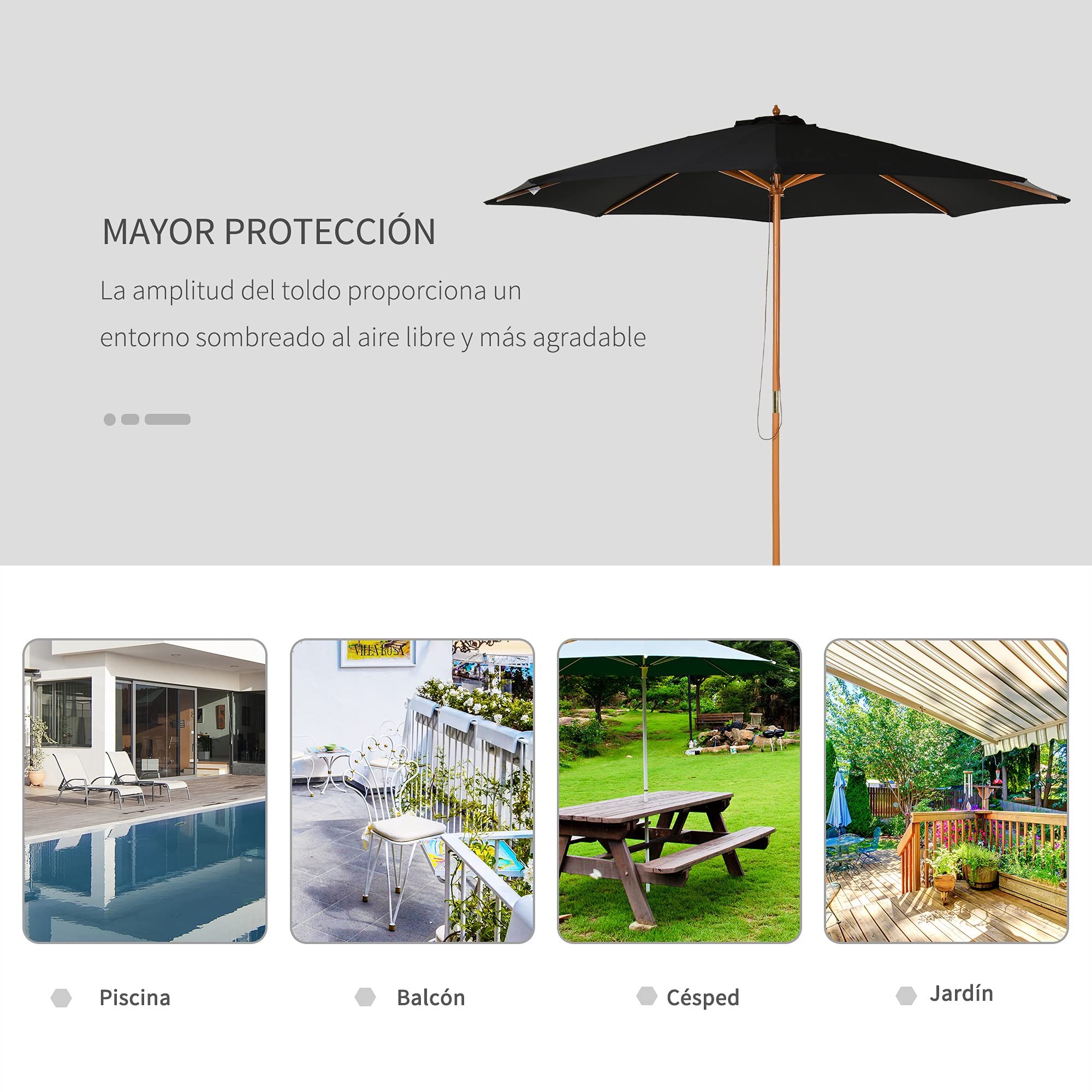 Outsunny Sombrilla Terraza Exterior Ø300 cm con Sistema de Polea | Sombrilla de Jardín, Techo Ventilado, Poste Desmontable de Madera, Parasol para Patio Terraza