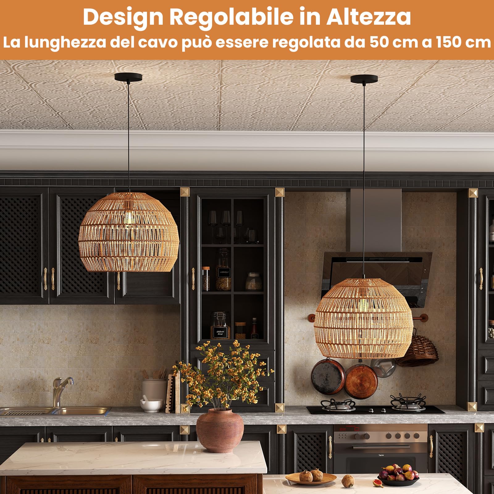 RELAX4LIFE Lampadario a Sospensione, Lampadario Soggiorno con Effetto Rattan Sintetico, Struttura in Metallo, Sile Boho, Lampada da Soffitto per Camera da Letto e Sala da Pranzo (Marrone)
