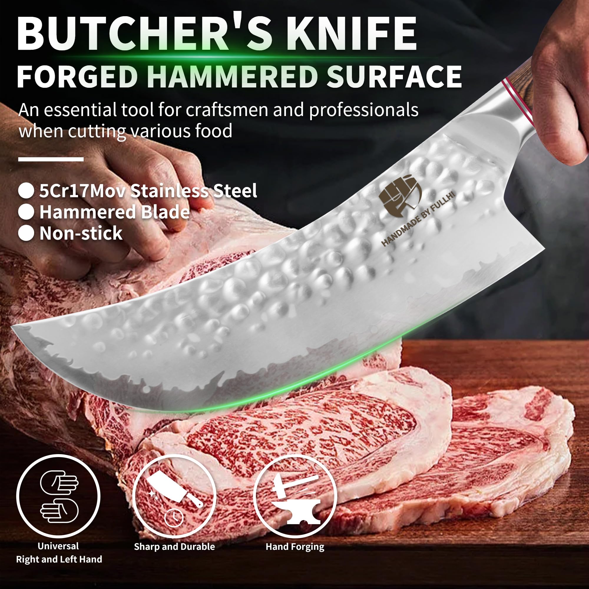 FULLHI Coltello da cucina a lama martellata con protezione, coltelli da chef antiaderenti, coltello giapponese con manico in legno Pakka, coltelli da cucina in acciaio inox con fodero (205mm)