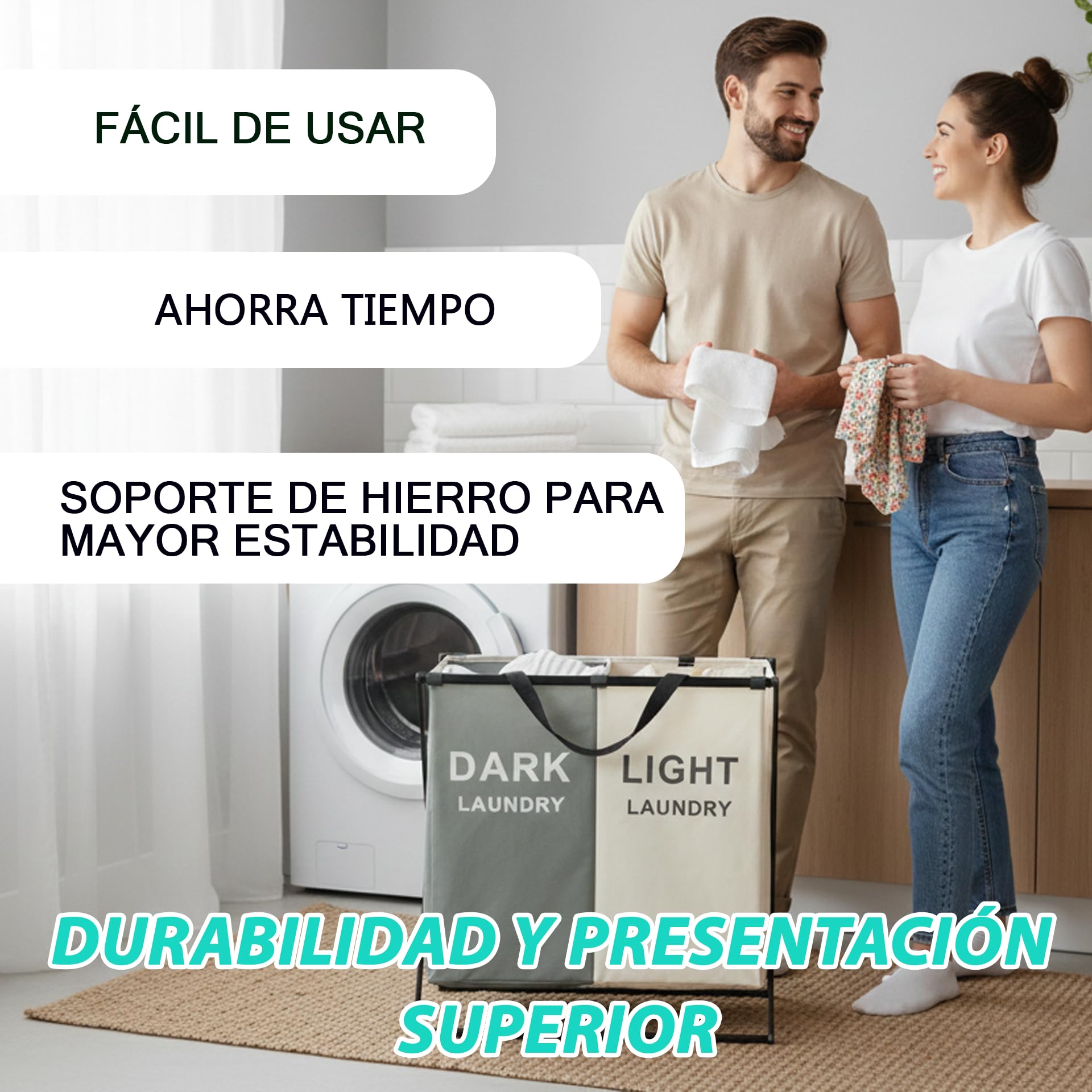 Weida Cesto para la Ropa Sucia con Compartimento | Estructura con Barras de Hierro Resistente | Organización Práctica para Baño, Lavadero o Dormitorio | Funcional (2 Compartimientos 55cm-52cm-33cm)
