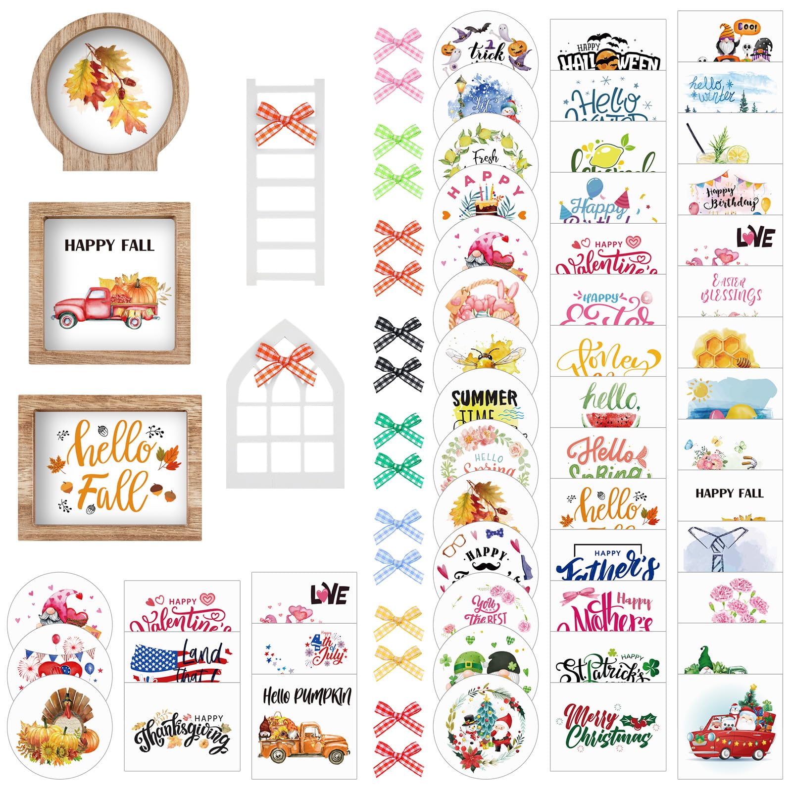 Bencailor 48 Pcs Interchangeable Seasonal Farmhouse Tiered Tray Decor Set Include Wood Frames with Ladders Cards Bow Knot,tray Not Included(Year Round Seasonal)