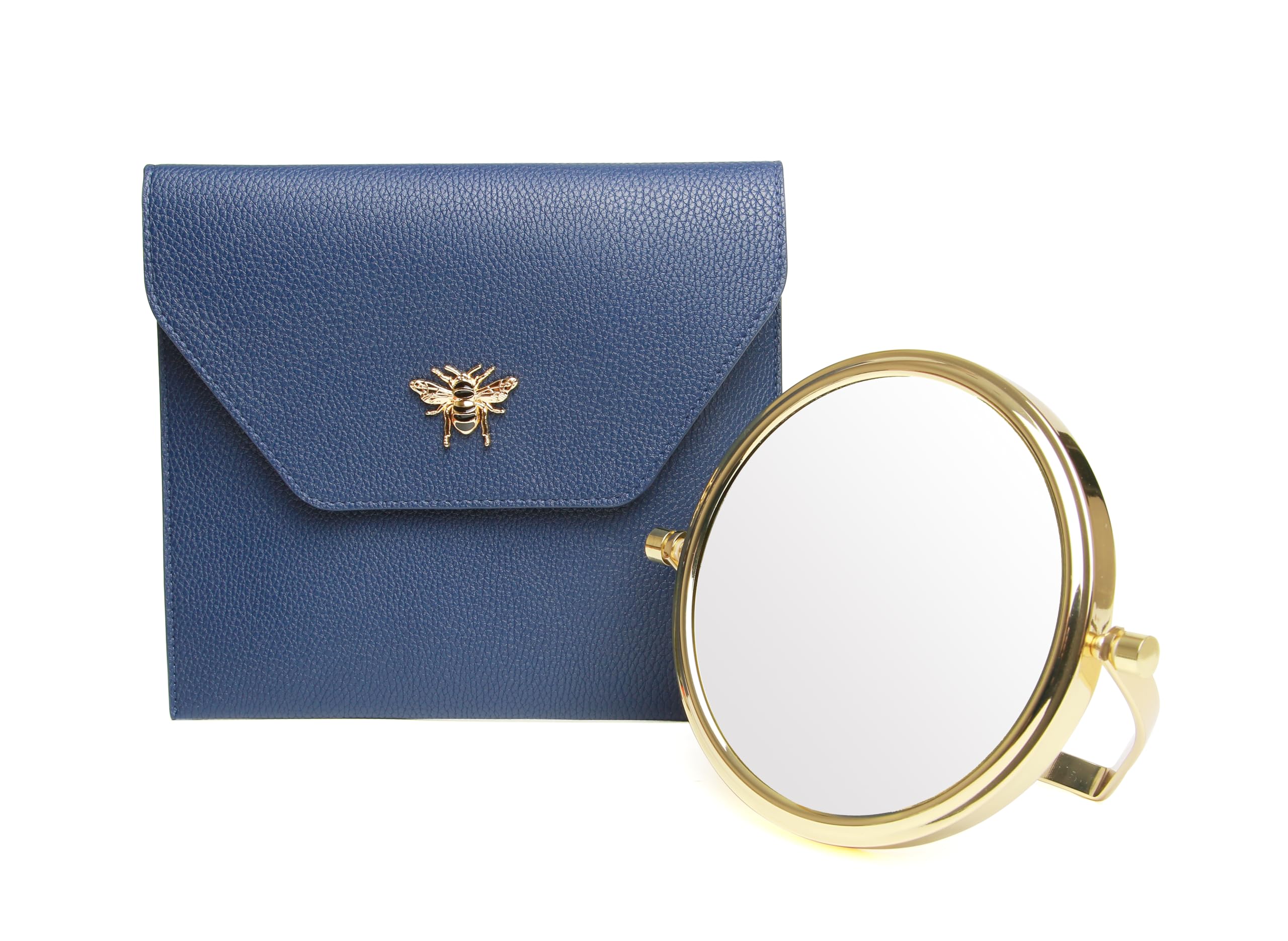 Alice Wheeler Bumble Bee Vegan Leather Large Travel VANITY Mirror with Case (Navy)