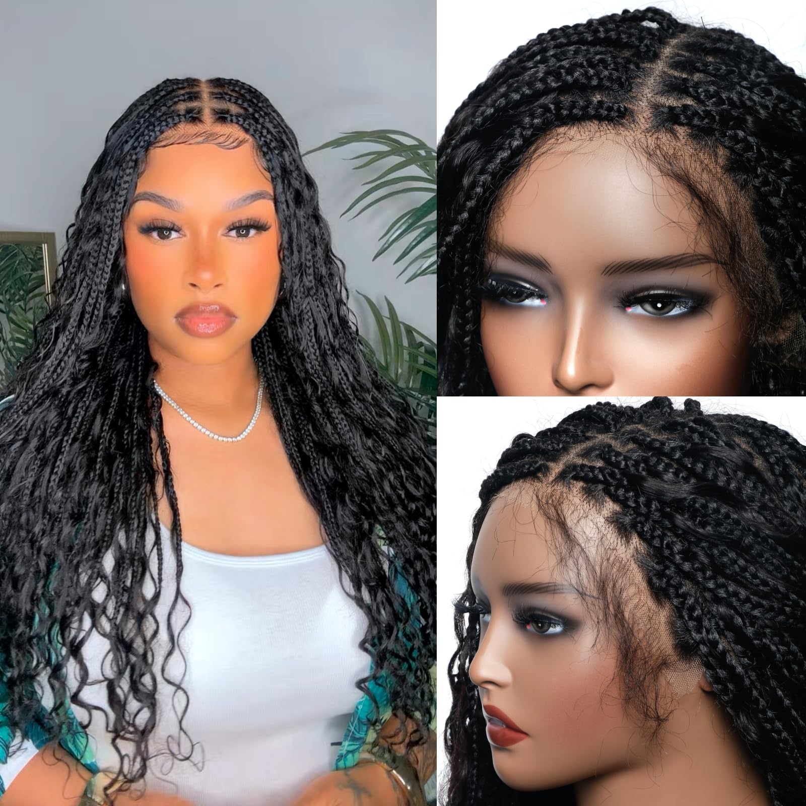 JALIZA Human Hair Boho Curls Hand-Tied HD Full Lace Wig - 24" Salon-Level Small Box Synthetic Braids (121 Braids, High Density) Pre-Cut Swiss HD Lace, Pre-Pluck
