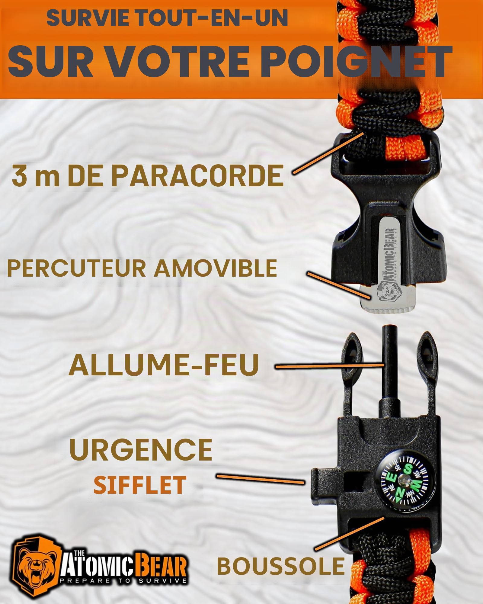Lot de 2 bracelets de survie Cobra, Paracord + boussole + allume-feu + sifflet fort + couteau d'urgence, équipement de randonnée, de camping, de pêche, de chasse, noir + noir et orange