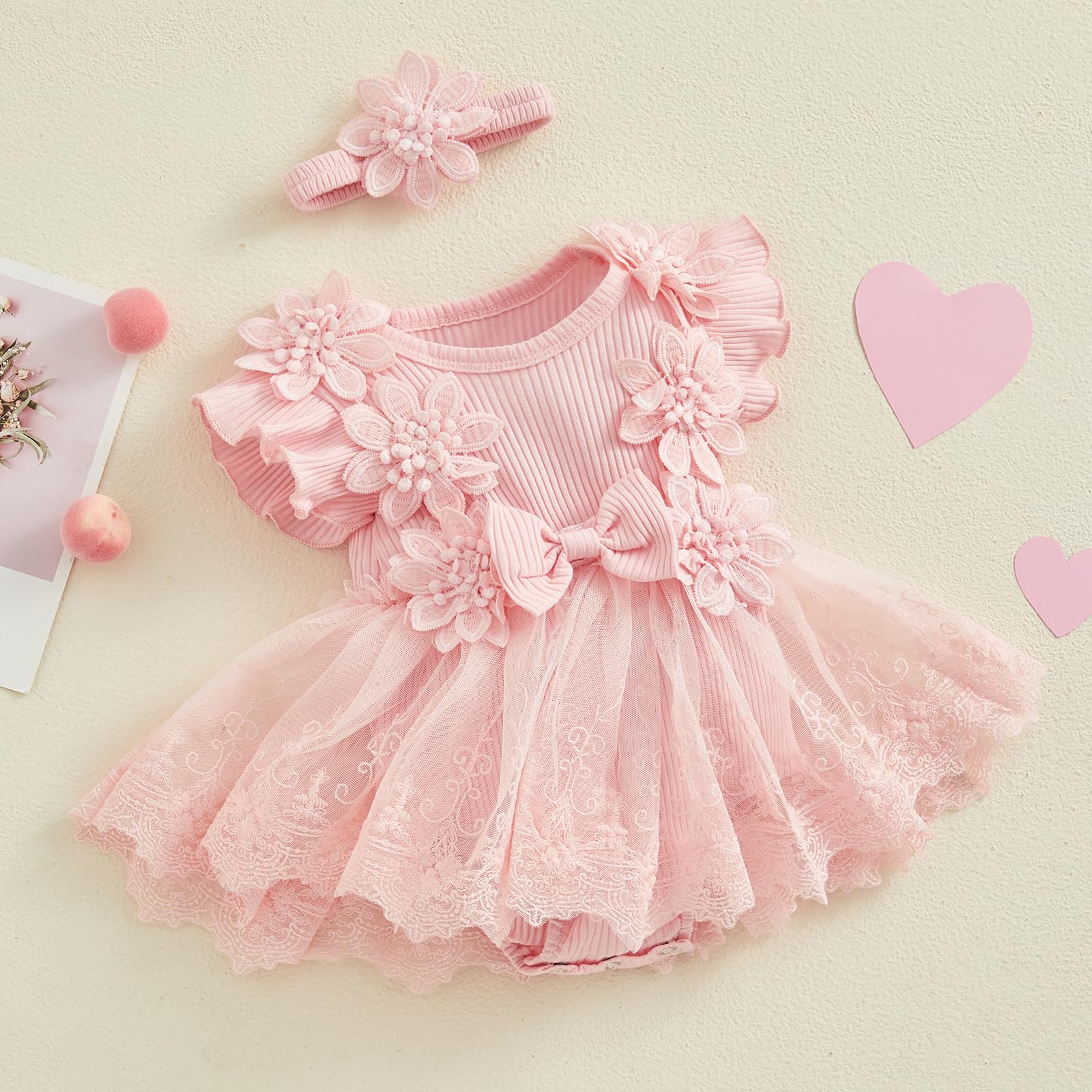 Carolilly Abbigliamento neonato bambina estate di 2 pezzi, pagliaccetto a maniche corte con gonna in pizzo floreale + fascia abbinata (0-24 mesi)