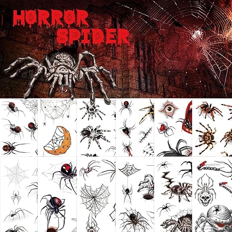 YOKSAS Halloween Horror 3D Spider Temporary Tattoo Stickers,12 Sheets Kids Adults Face Makeup Tattoos for Day of the Dead Party Masquerade