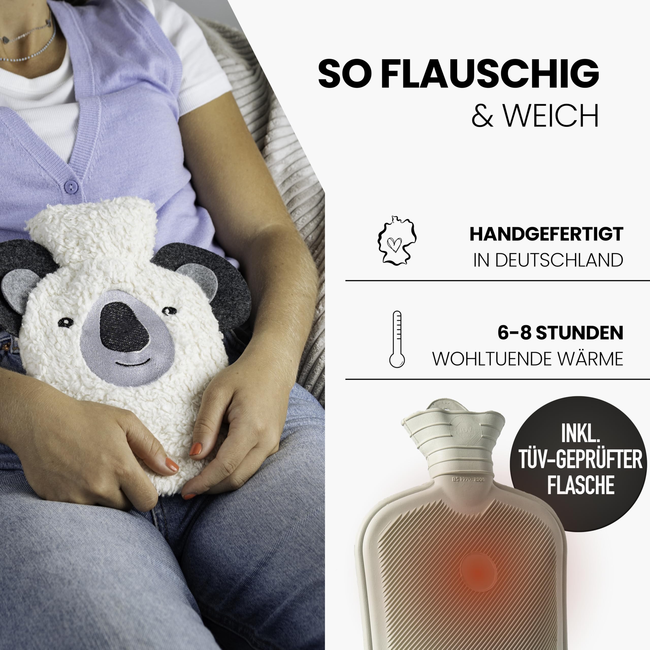 Kuschel - Borsa dell'acqua calda animale [0,8 l] in cotone biologico extra morbido e feltro riciclato, prodotta in Germania, borsa dell'acqua calda animale, divertente borsa dell'acqua calda per