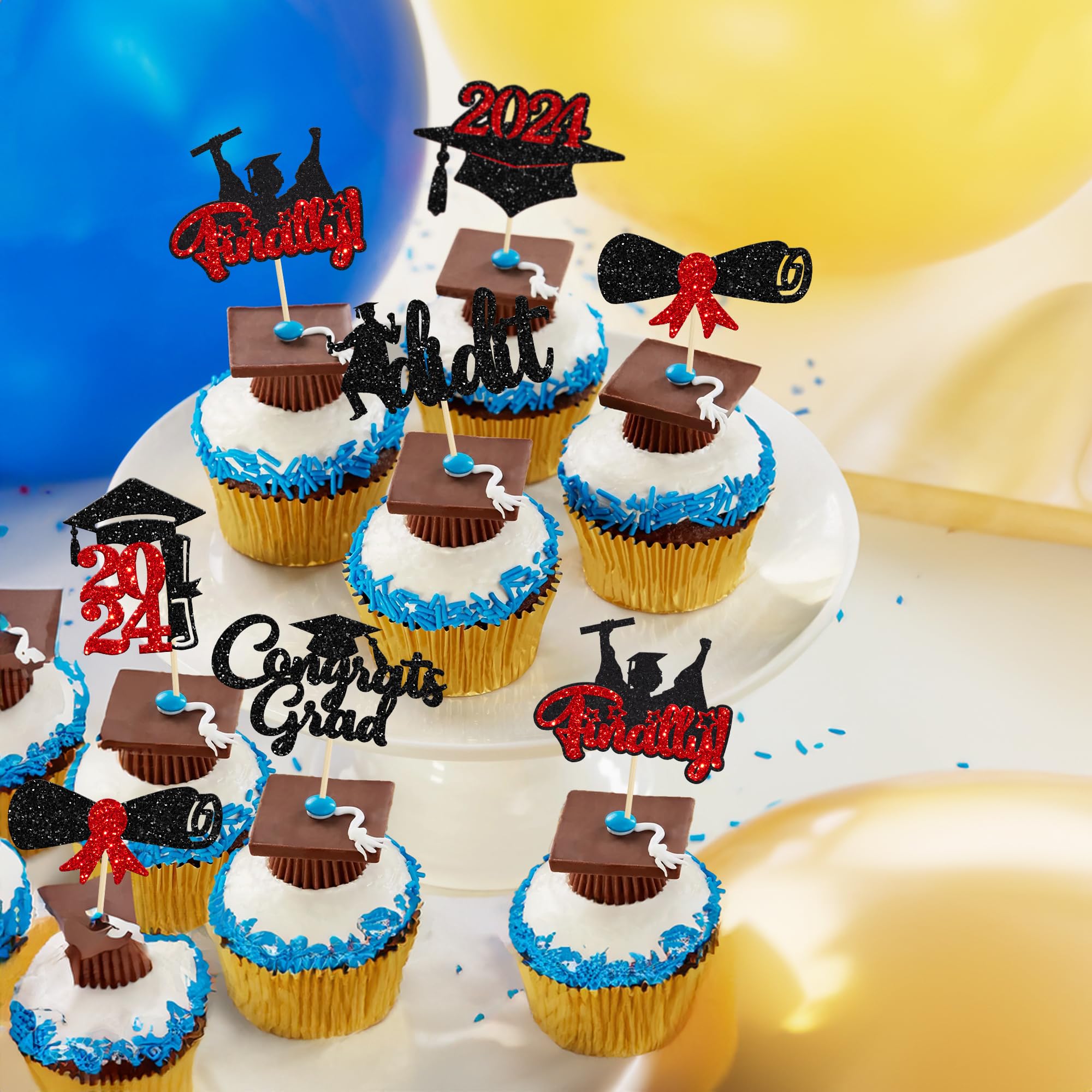 2025 Graduation Cupcake Toppers - 24Pcs Red Glitter Cap Decorations For Class Of 2025