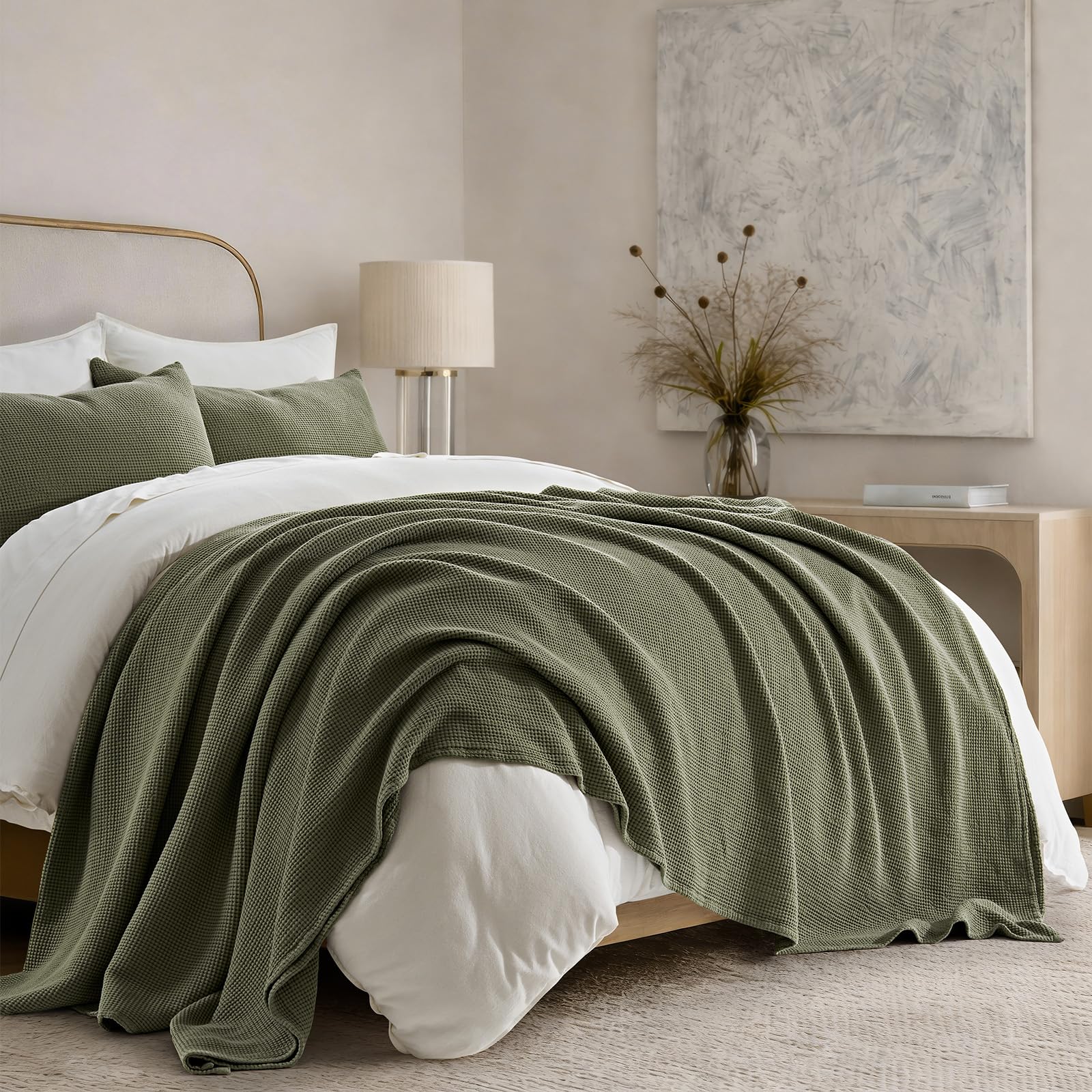 Photo 1 of EverGrace 100% Cotton Waffle Coverlet Set, King/Cal King, Olive Green