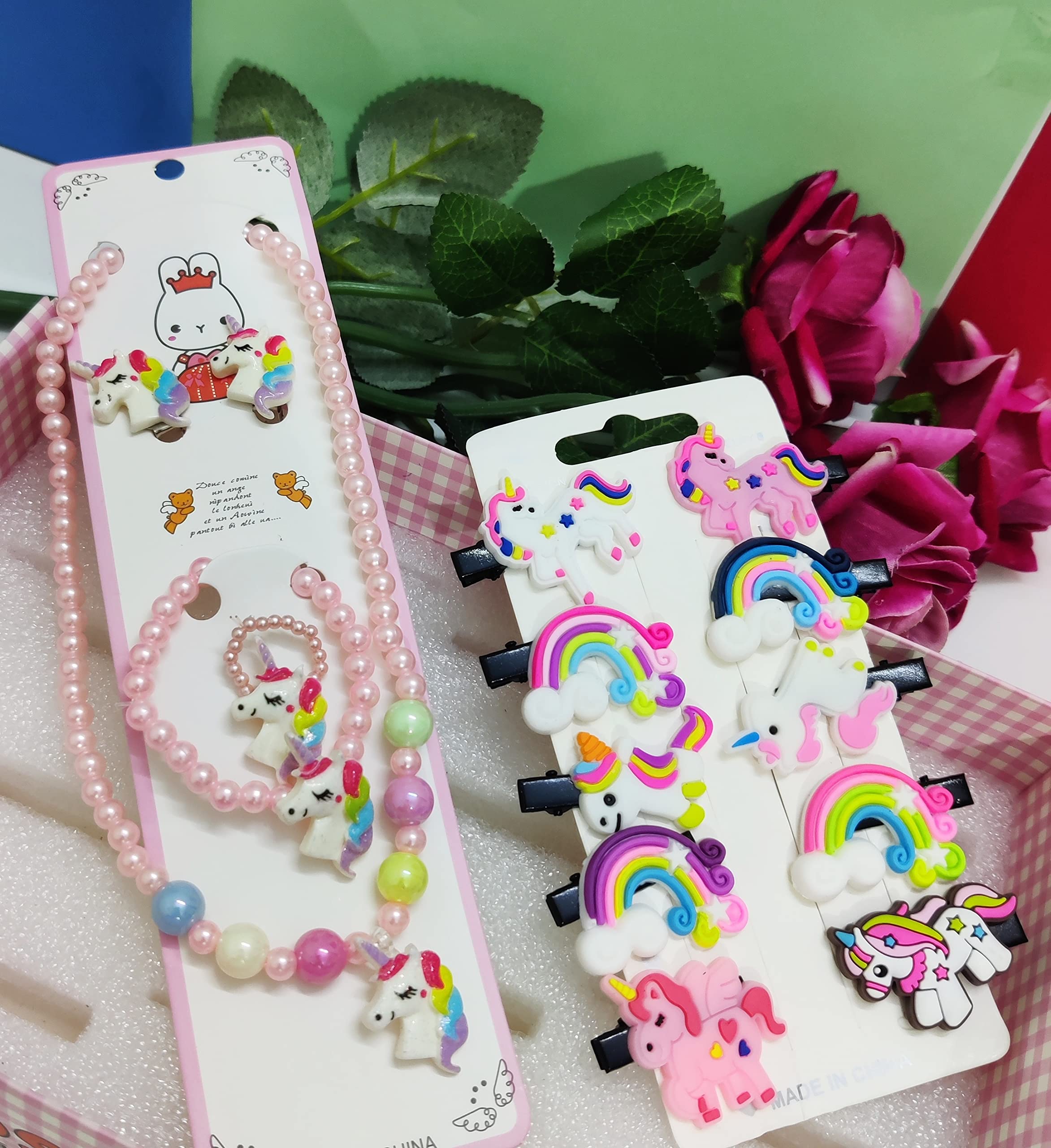 KIDOS JOY™ Naughty Unicorn Jewellery Set Combo/Necklace, Bracelet, Ring, Earrings Set with Alligator Hair clip/Birthday Party Outdoor accessories/Beautiful Unicorn Girls Combo (BABY PINK)