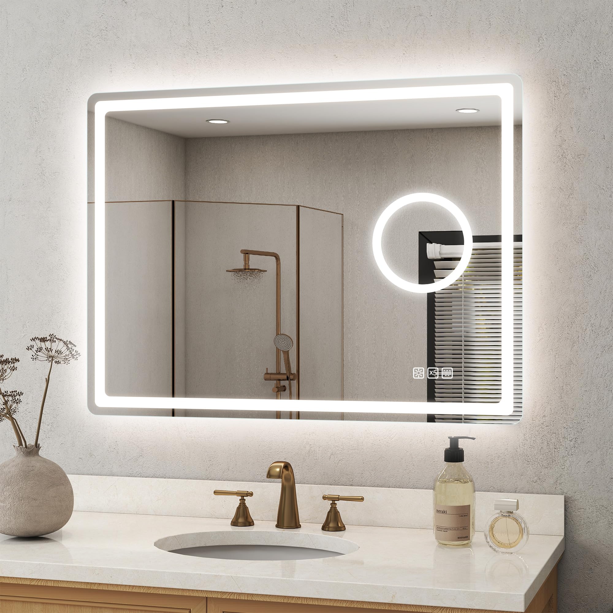 STARLEAD 60x80cm Espejo Baño con Luz LED, Aumento 5X y Antivaho | Regulable, 3 Colores 3000K-6500K, Memoria, IP44, Vidrio Templado, CRI>90, Control Táctil, Montaje en Pared