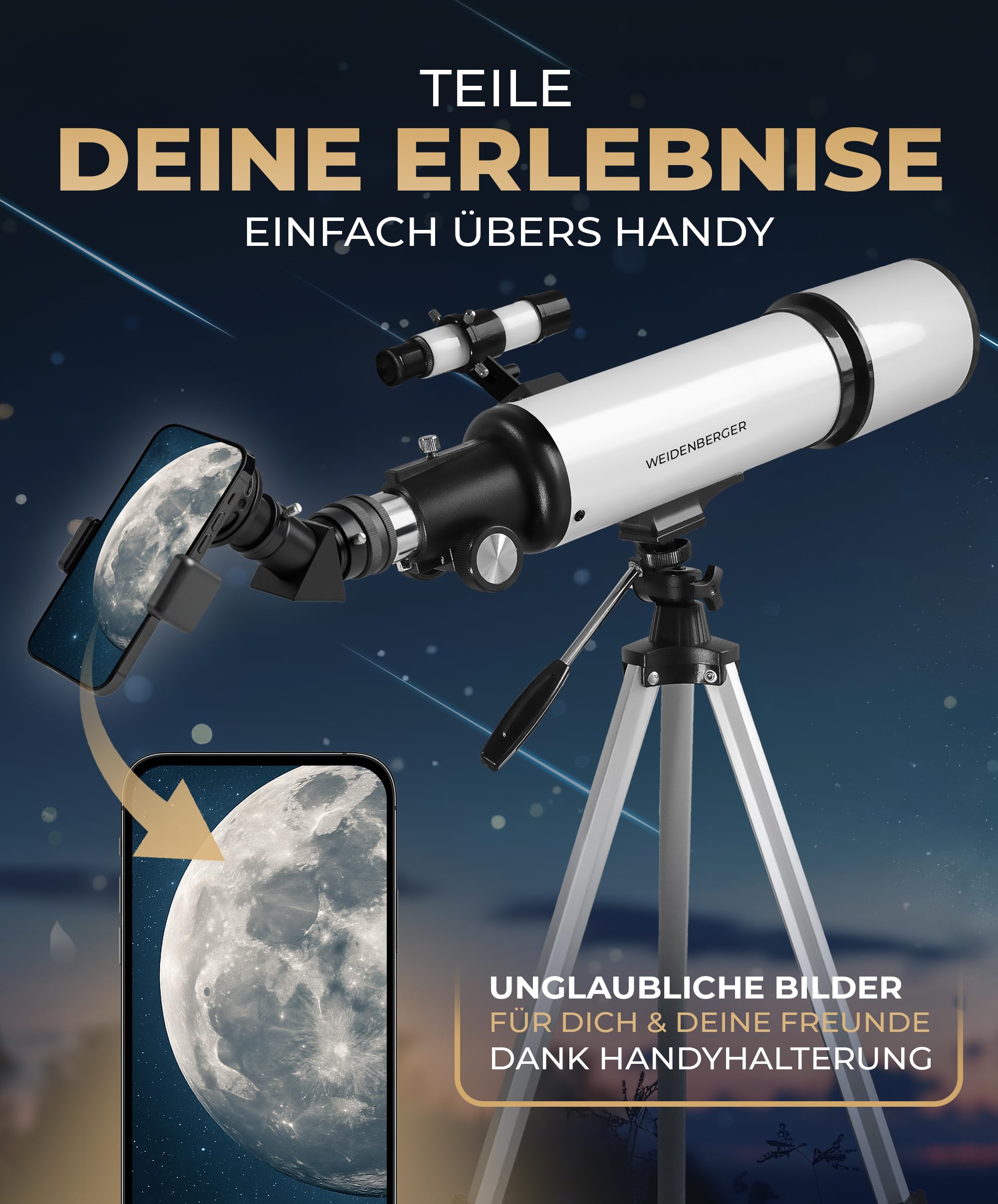 Teleskop 80600 – Refraktor-Fernrohr, 800 mm Brennweite, 60 mm Öffnung mit 3 Okularen + 3× Barlow-Linse, Sucherfernrohr, Stativ & Handy-Adapter – für Erwachsene & Einsteiger