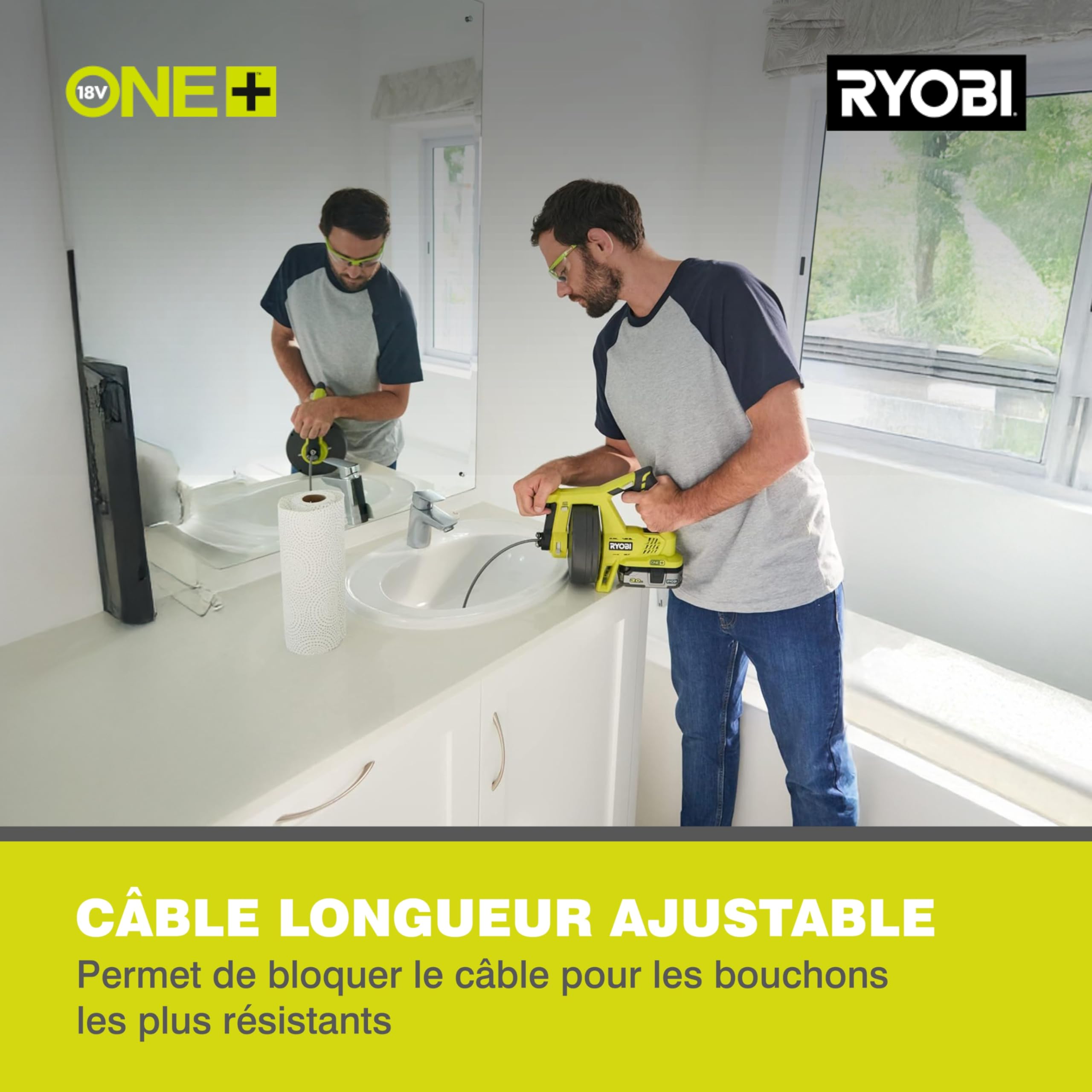 RYOBI - Déboucheur 18V ONE+ - Vitesse Max 600 tr/min, pour 11,5cm/sec - Câble 7,6m, Tête 16mm, Gâchette avec Interrupteur Bloquant et Inverseur de Rotation - Batterie et Chargeur non Inclus - R18DA-0