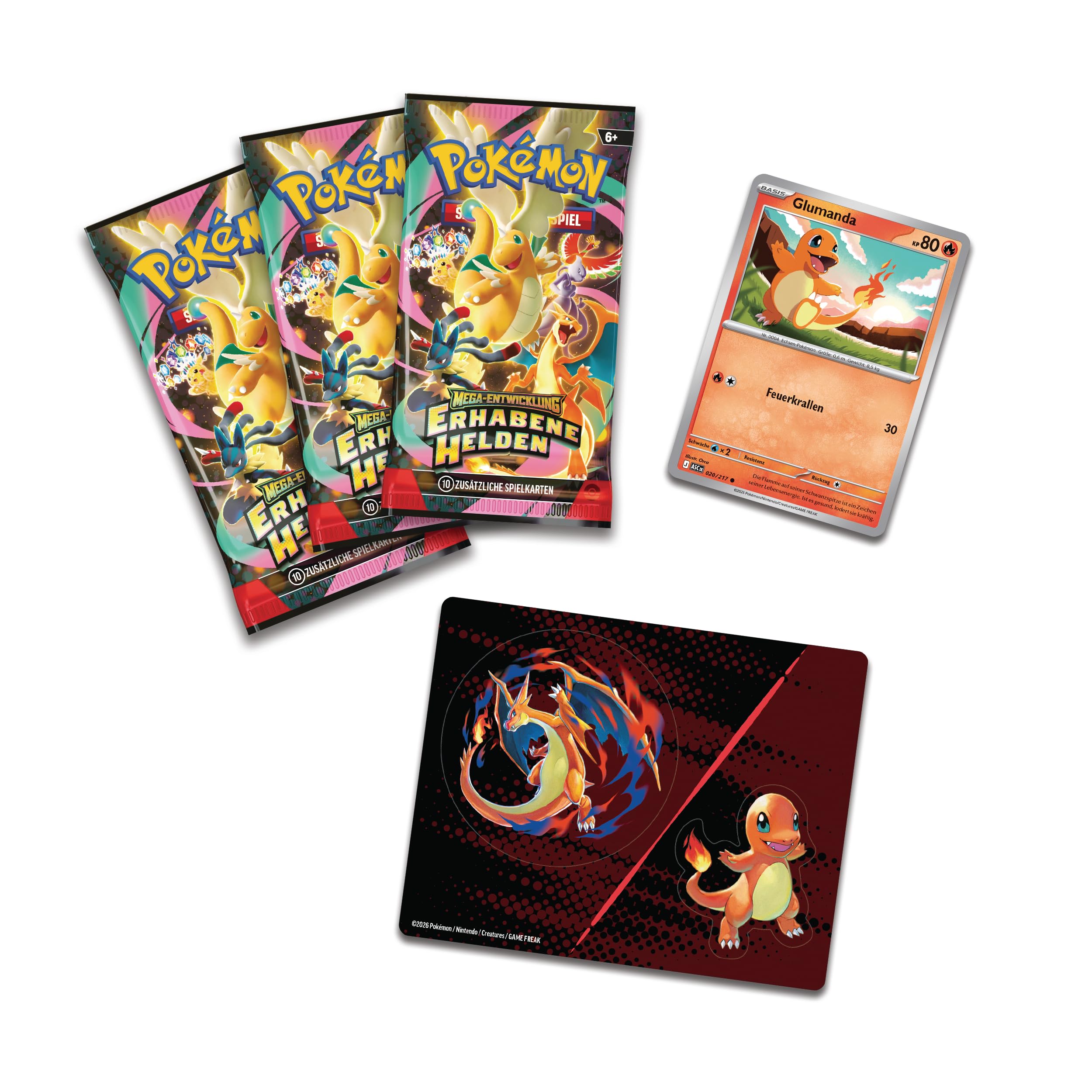 Pokémon-Sammelkartenspiel: Tech-Sticker-Kollektion Mega-Entwicklung – Erhabene Helden: Glumanda (1 holografische Promokarte und 3 Boosterpacks)