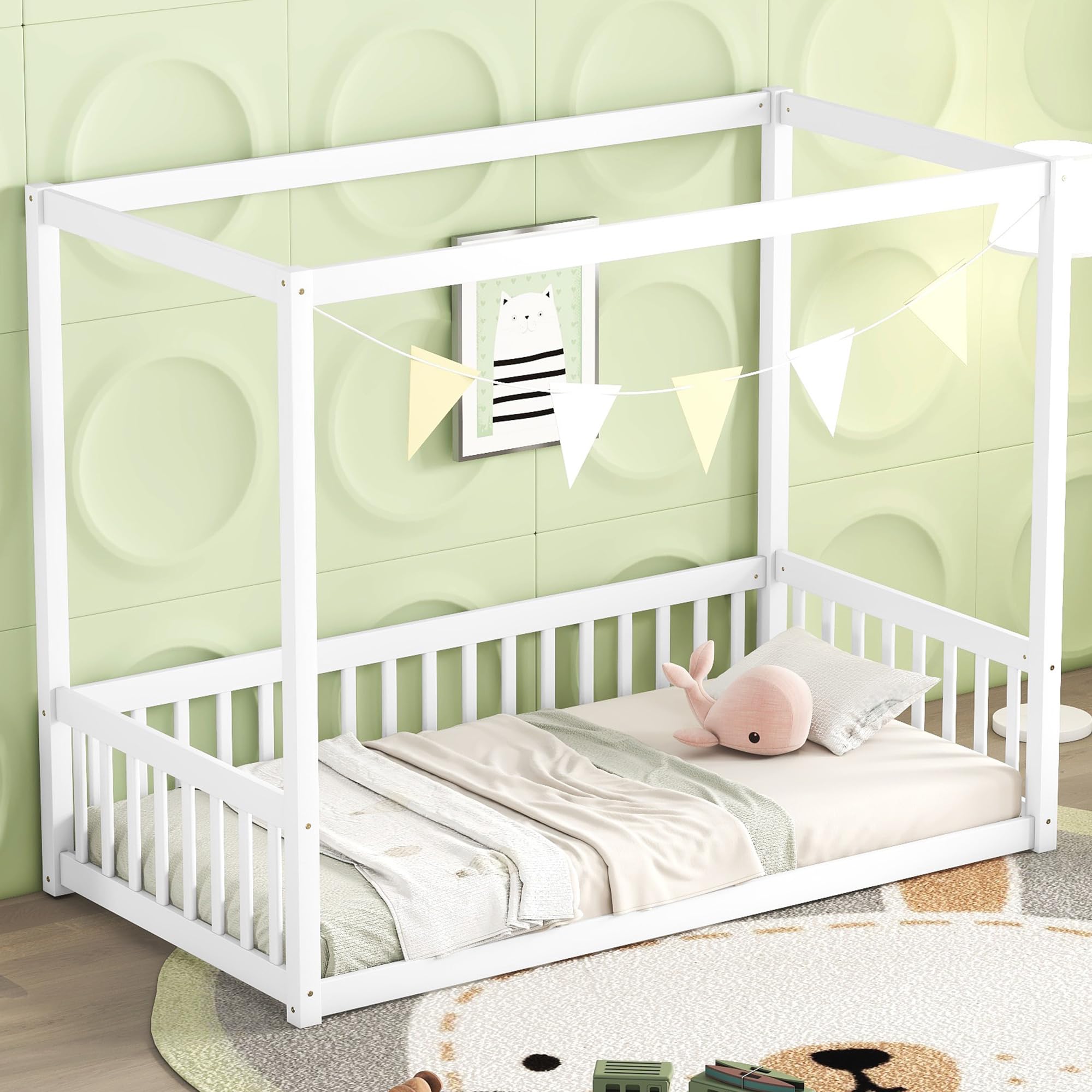 Wekuku Twin Size Canopy Frame Floor Bed with Fence Guardrails Modern White Low Profile Kids Bedroom for