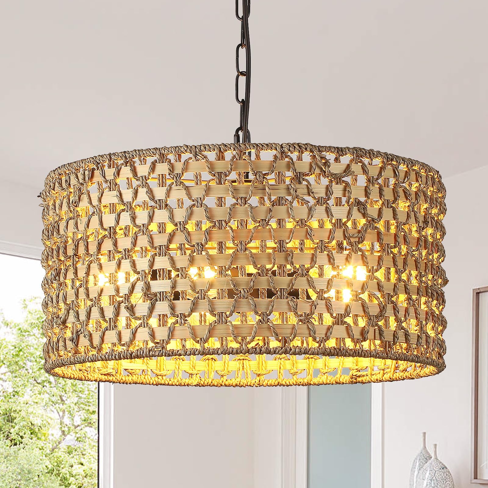 Schindora 5-Light Boho Rattan Lamp Shade, 45Cm Hand Woven Pendant Light Coast Kitchen Light Fixture Bohemian Hanging Ceiling Lights Natural Lighting for Dining Room Living Bedroom