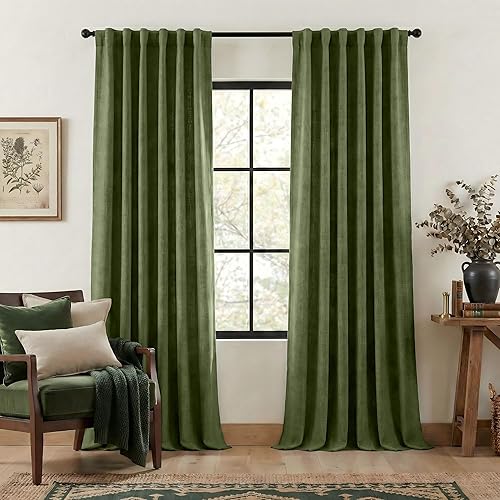 NICETOWN - Cortinas para oscurecer habitación en verde froest de 90 pulgadas de largo, 2 paneles, con pinzas y plisado falso de lino, cortinas con