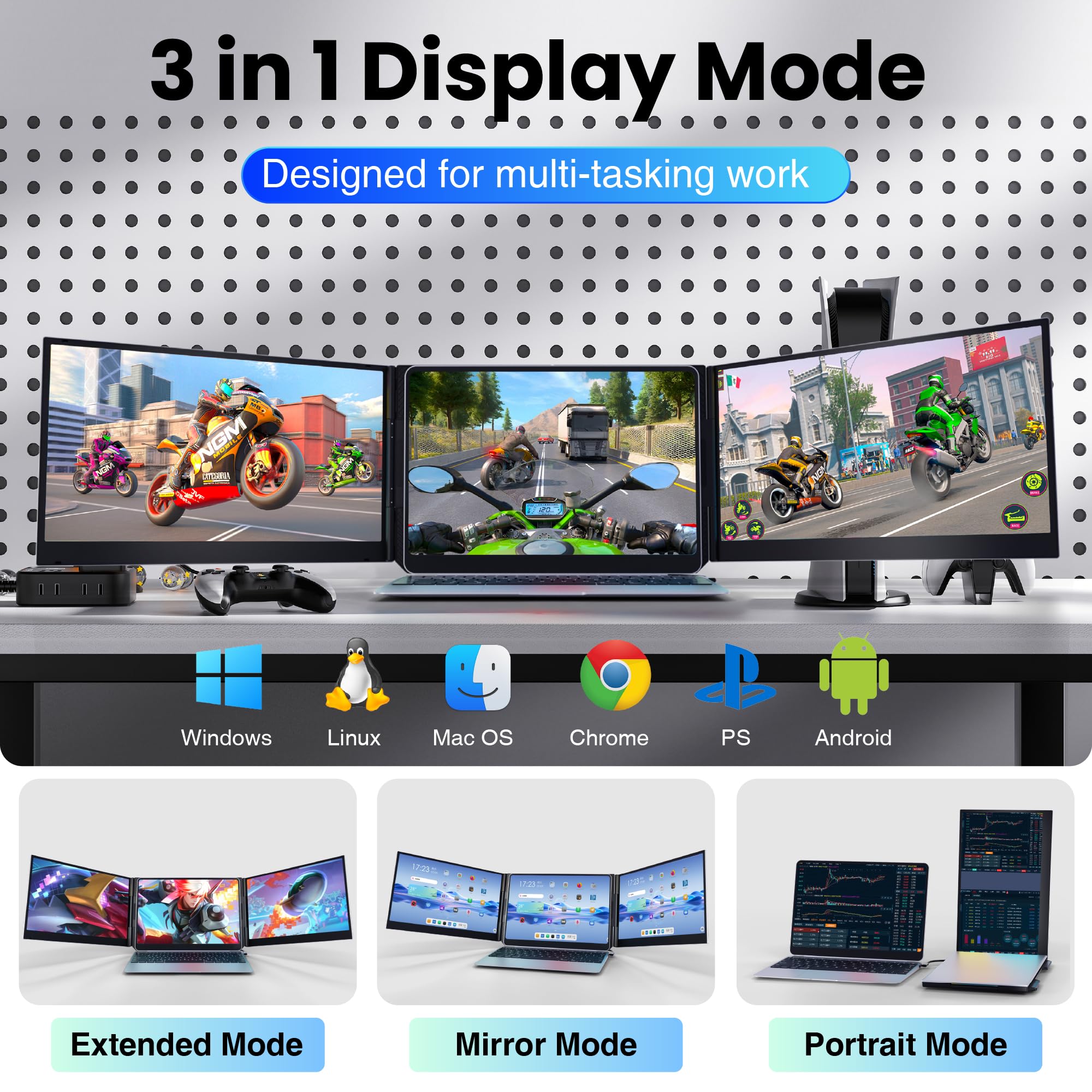 Laptop Screen Extender, 15.6" Ultra Light & Thin Triple Portable Monitor for Laptop with 1080P FHD IPS Display, Two Cable USB-C/HDMI Plug-Play Monitor Extender for Mac/Win/Android, Fits 13-17" Laptops — view 8