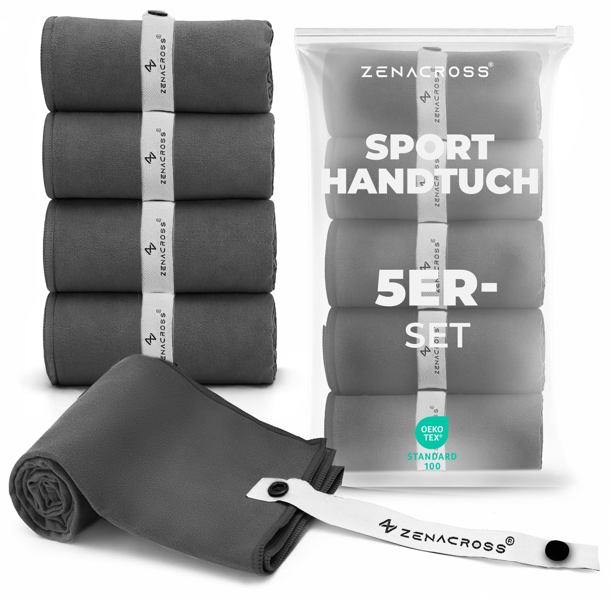 ZENACROSS Sporthandtuch Mikrofaser 5er-Set, 40 x 77 cm – Fitness Handtuch für Gym, Wandern, Reisen - Schnell Trocknend, Leicht & Saugfähig - Dunkelgrau