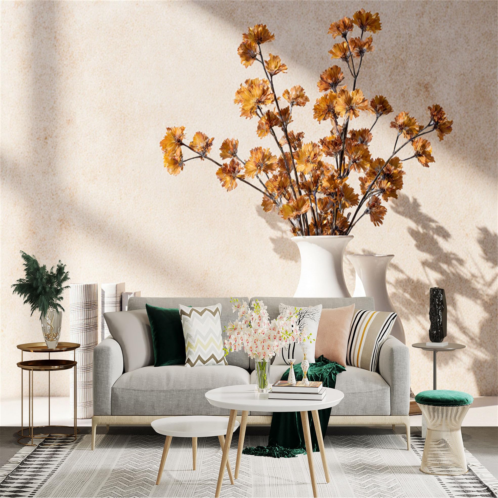 Custom Size Wall Sticker Mural， Dried Flower Bouquet in Minimalist White Vase， Still Life Art， Aesthetic Neutral Home Decor， for wall Decoration， peelandstick wall Decals.