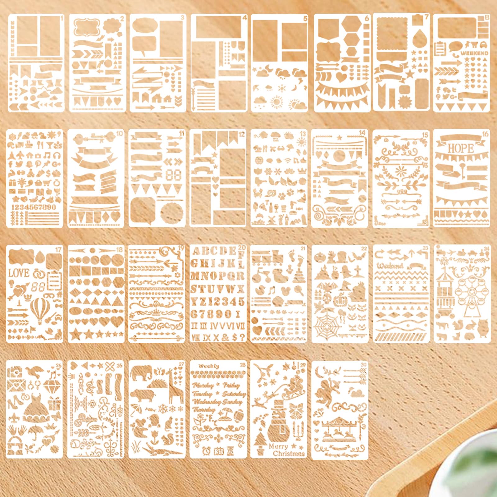 30pcs Journaling Supplies Stencil, Letter Stencils for Crafts Reusable Bullet Journal Stencils for Painting Scrapbook Notebook Card Making(17.8x10.2cm)