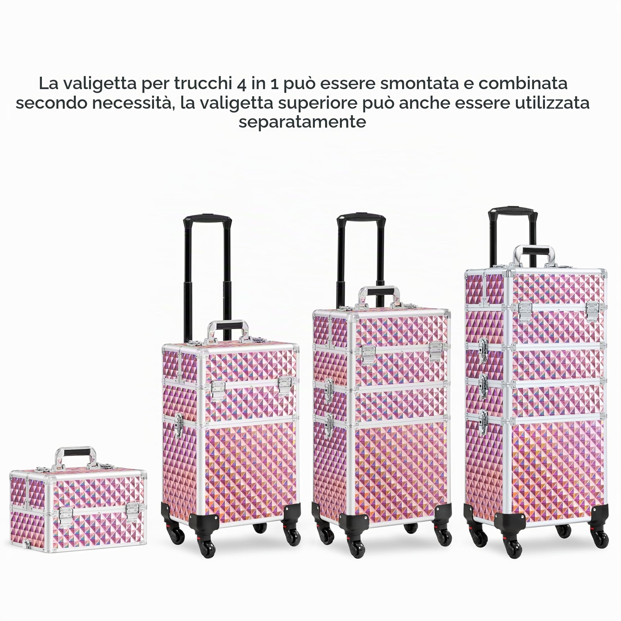 Valigia Porta Trucchi Trolley Make Up 4 in 1 Professionale Beauty Case Estetista Ruote Staccabili Rosa