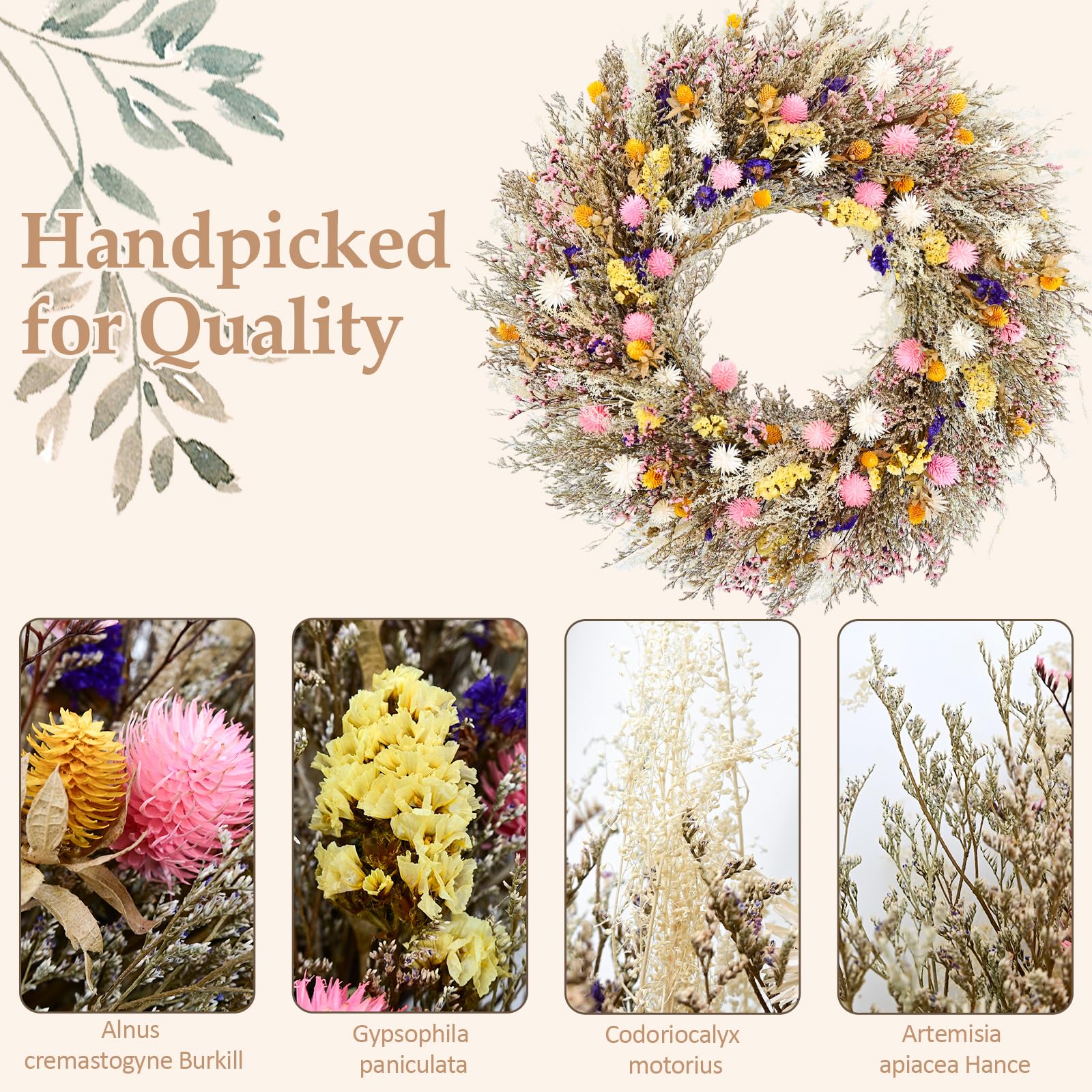 Ghirlanda di fiori conservata da 66 cm, realizzata a mano, con fiori rosa, bianchi, gialli e viola, decorazione rustica in stile bohémien, per porta d'ingresso, parete e matrimonio