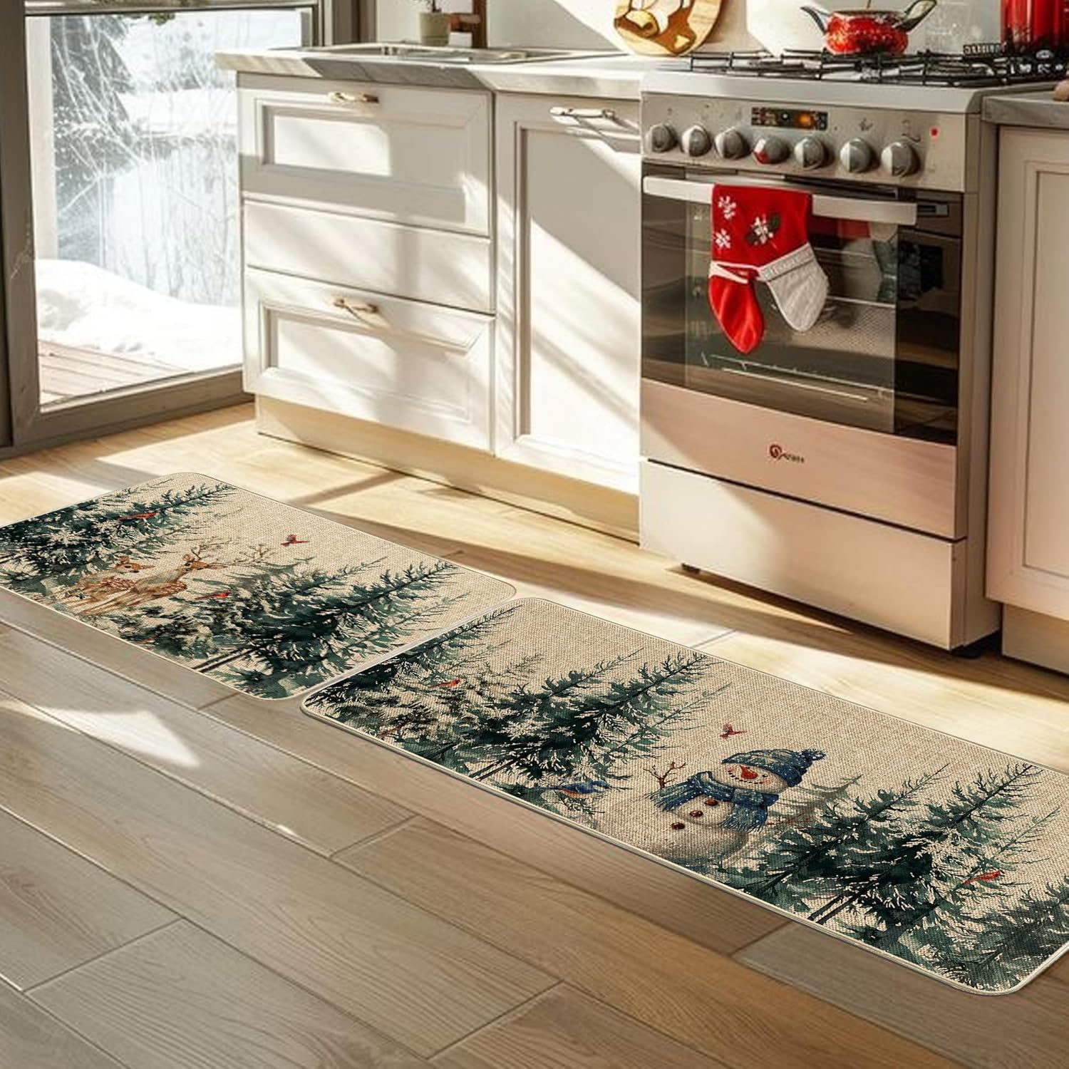 Blue Winter Snowflake Tree Kitchen Mats Set of 2, Merry Christmas Kitchen Rugs Winter Xmas Deer Floor Non-Slip Low Profile Mat Seasonal Farmhouse Home Decor 17x29 and 17x47 Inch